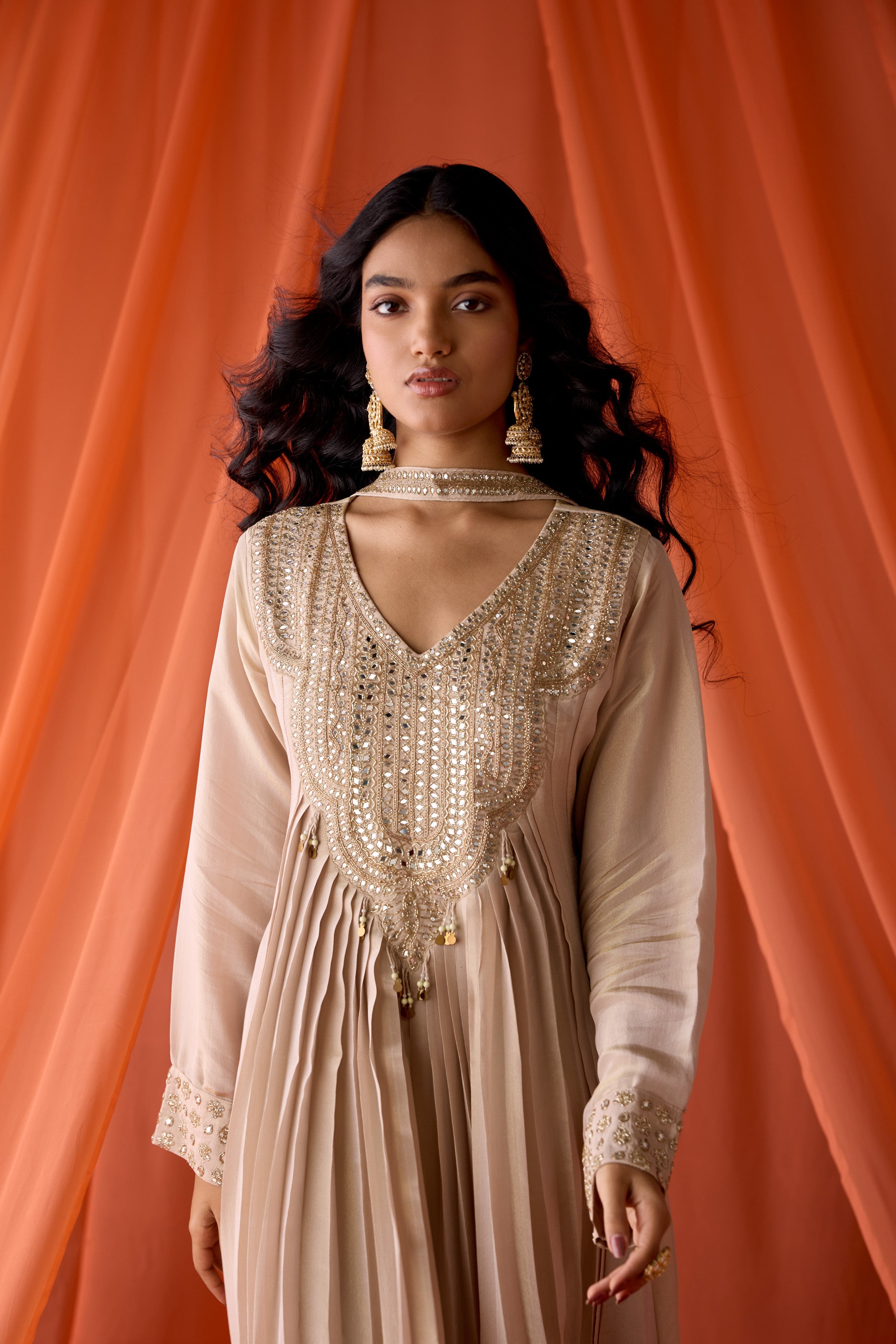 Camel Beige Embellished  Shimmer Organza Silk Anarkali Set