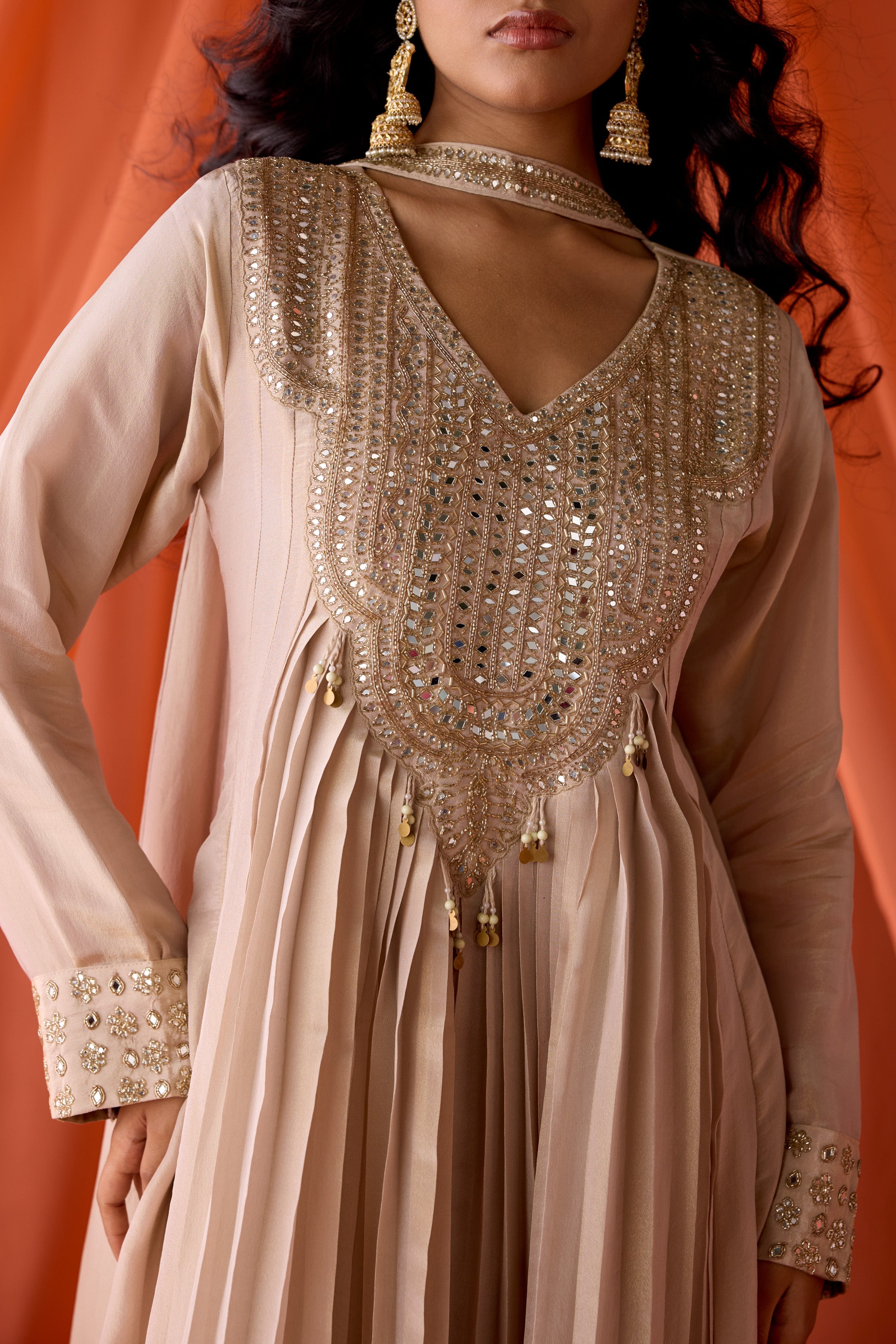 Camel Beige Embellished  Shimmer Organza Silk Anarkali Set