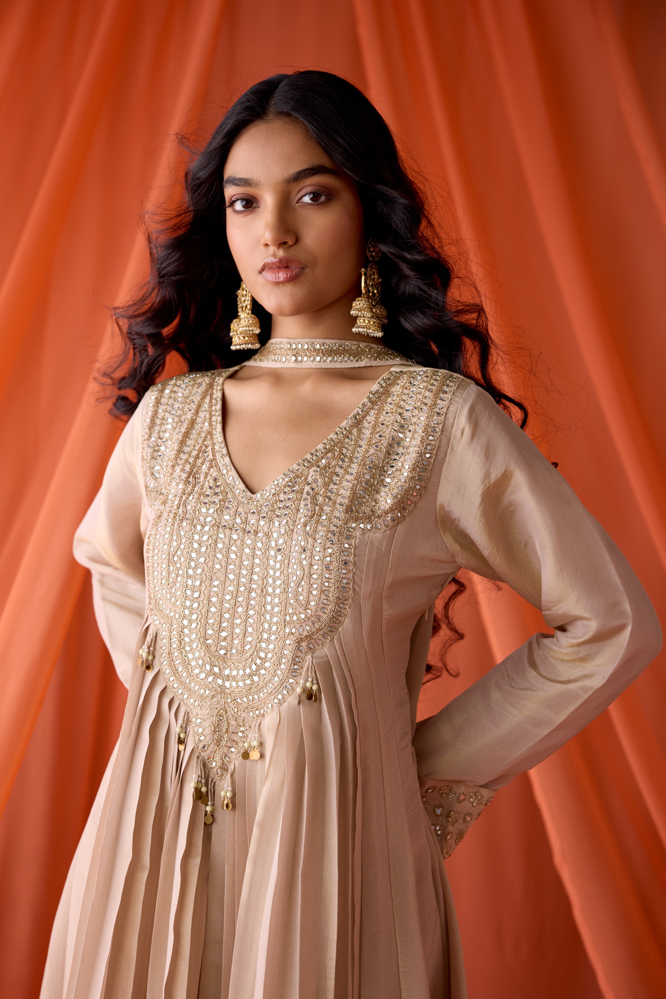 Camel Beige Embellished  Shimmer Organza Silk Anarkali Set