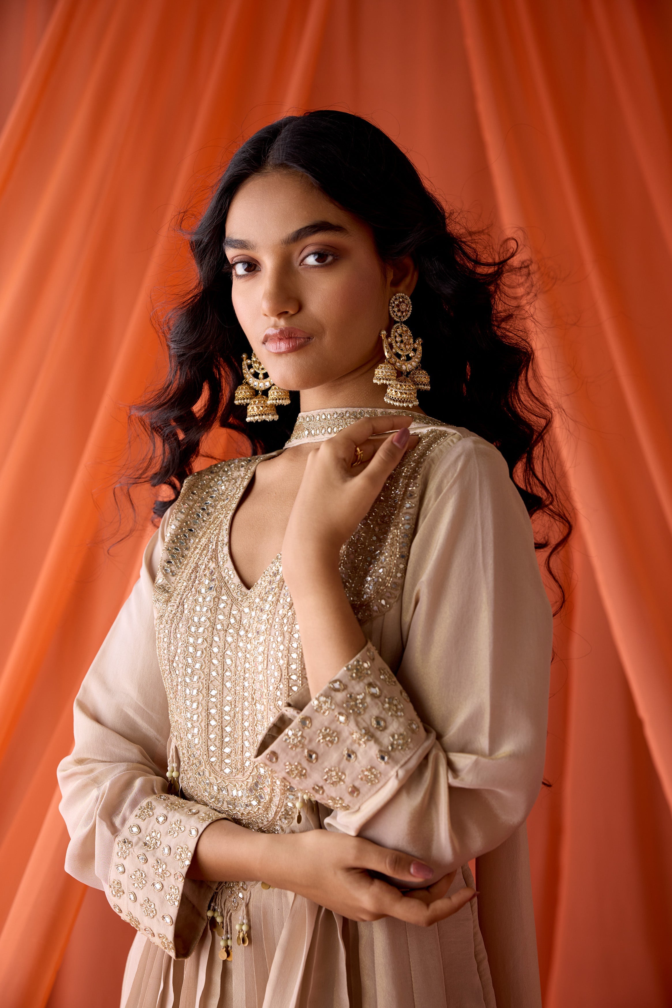 Camel Beige Embellished  Shimmer Organza Silk Anarkali Set