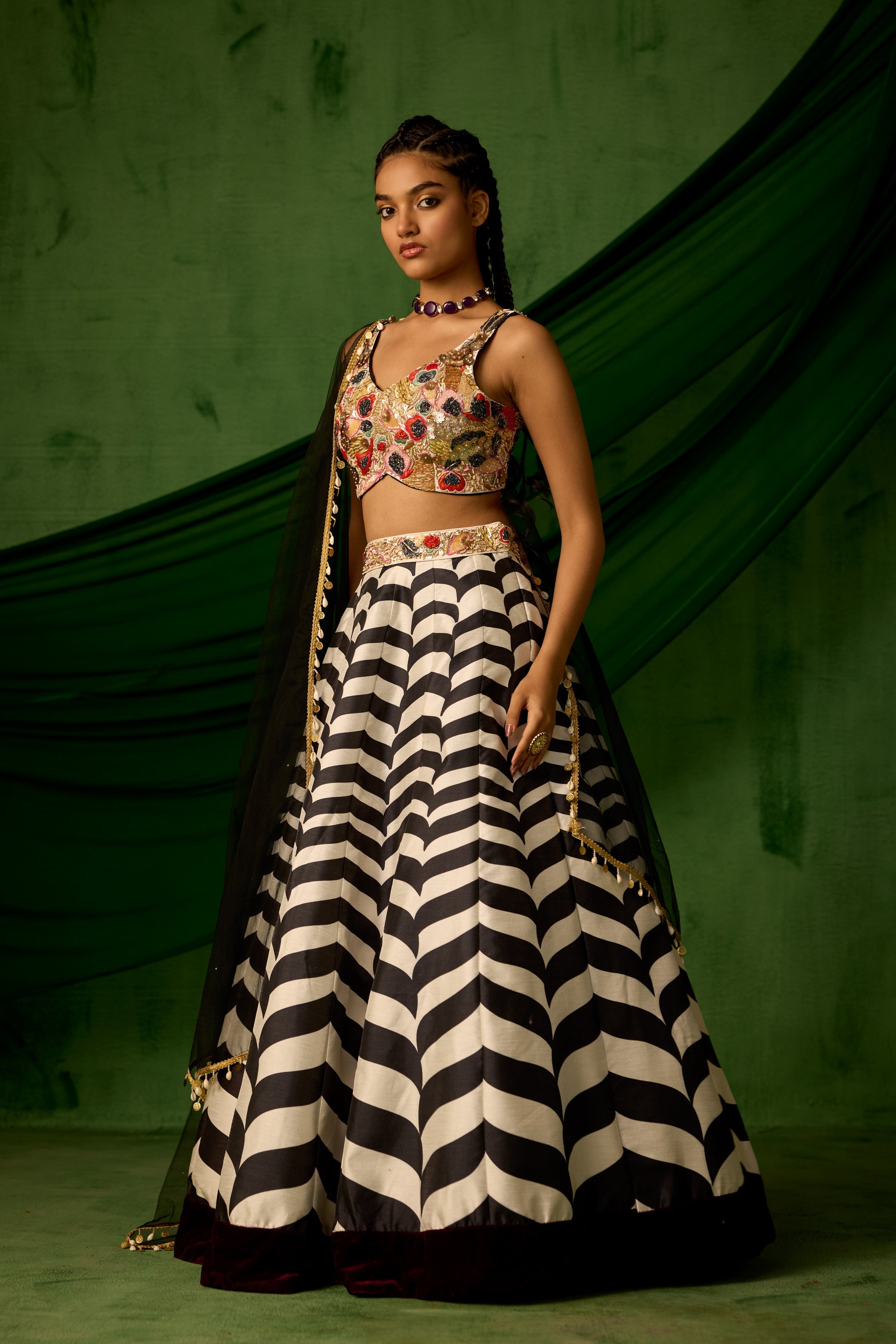 Black & White Embellished Raw Silk Lehenga set