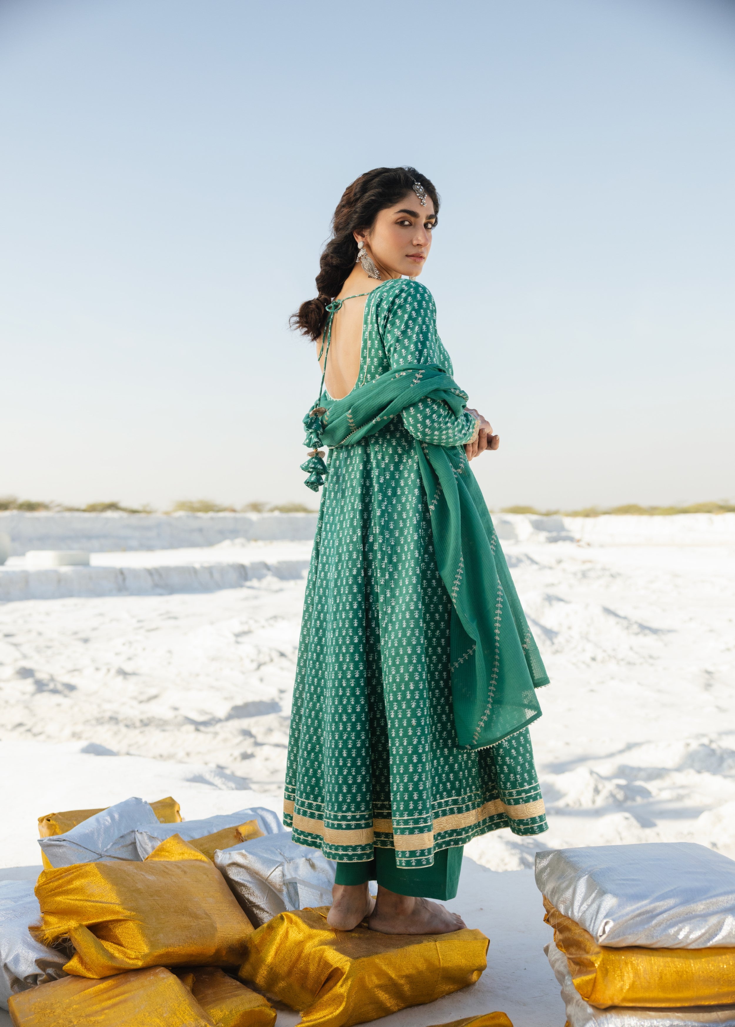 Emerald Green Embellished Organic Cotton Anarkali Set