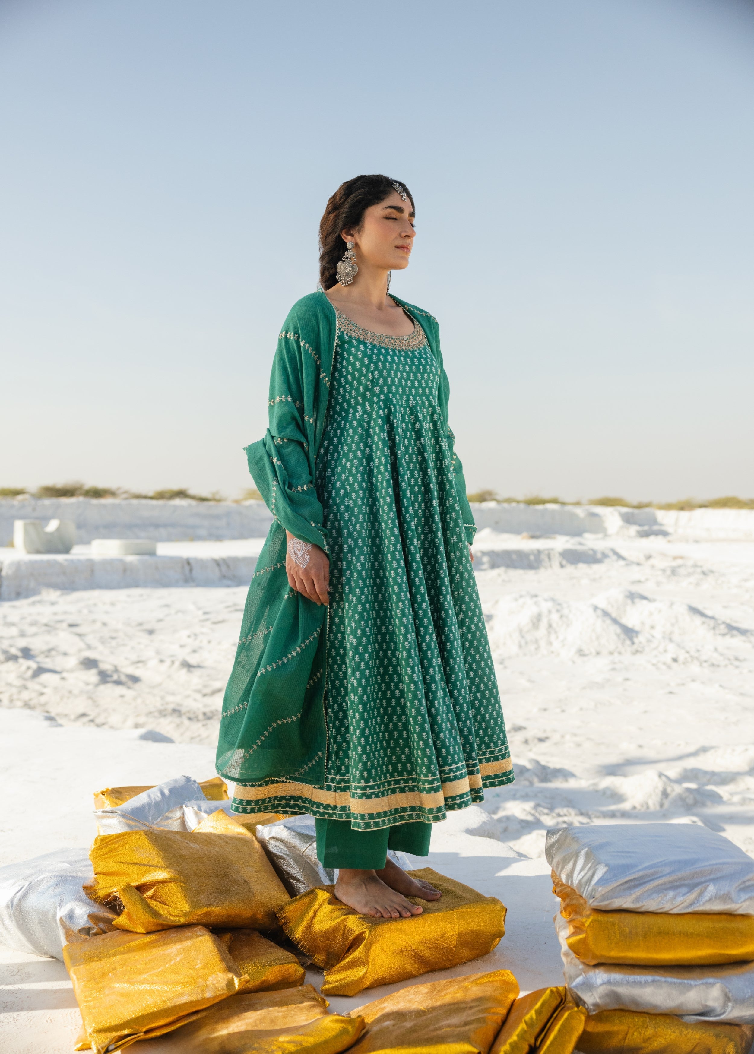 Emerald Green Embellished Organic Cotton Anarkali Set