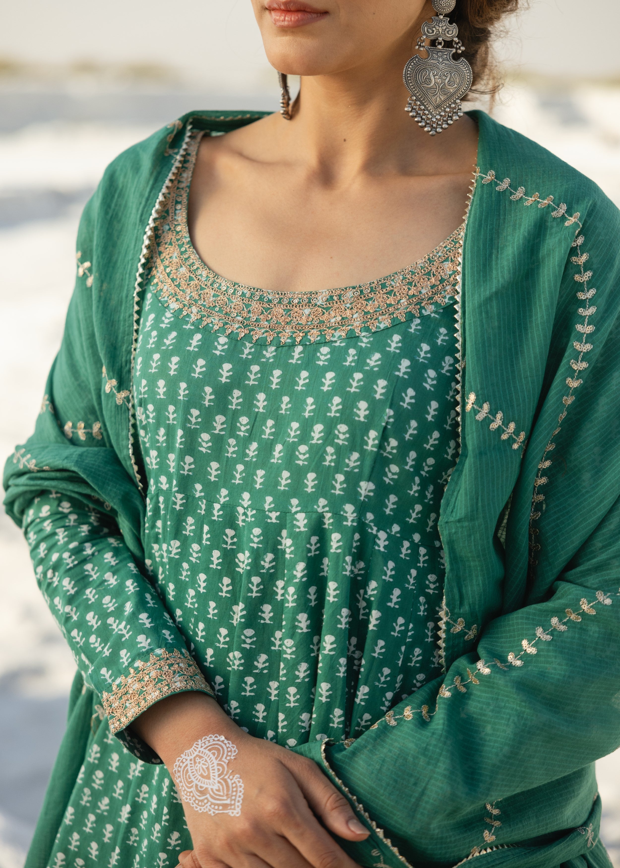 Emerald Green Embellished Organic Cotton Anarkali Set