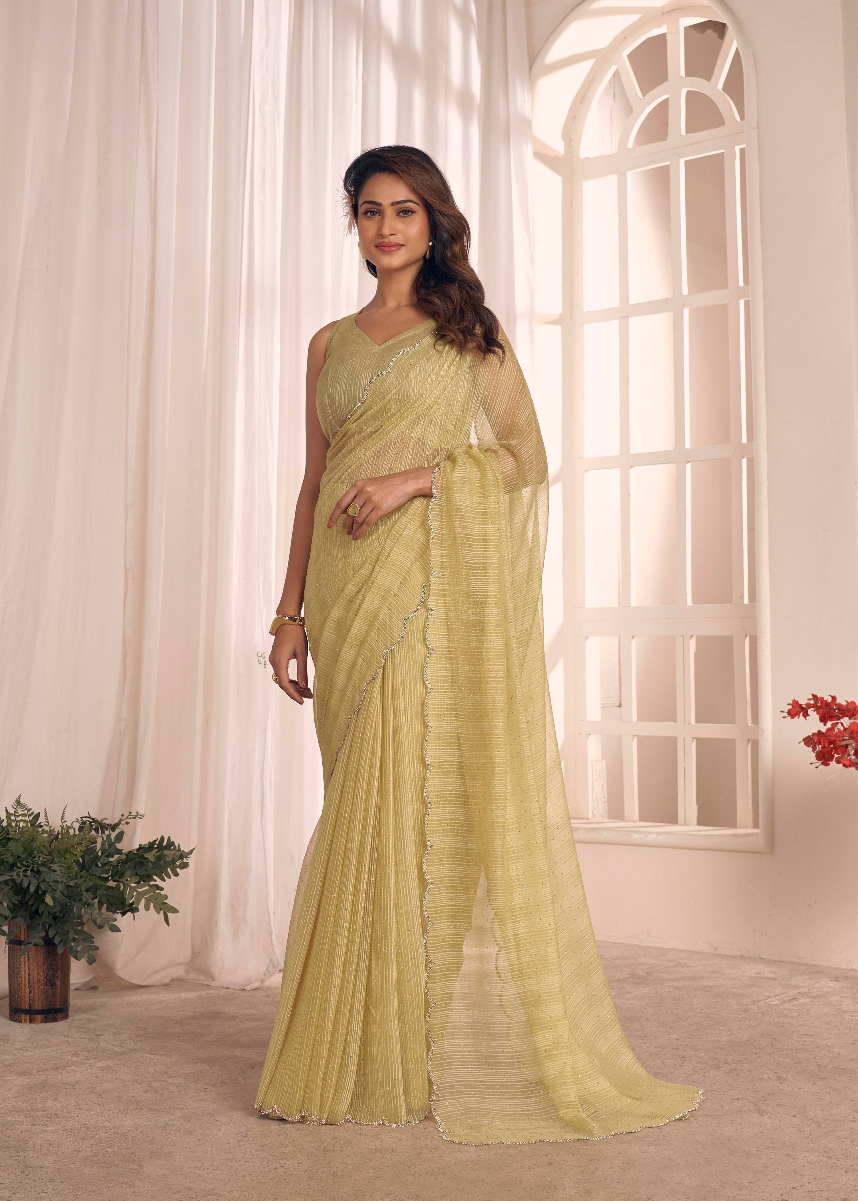 Pistachio Shimmer Embellished Premium Silk Saree