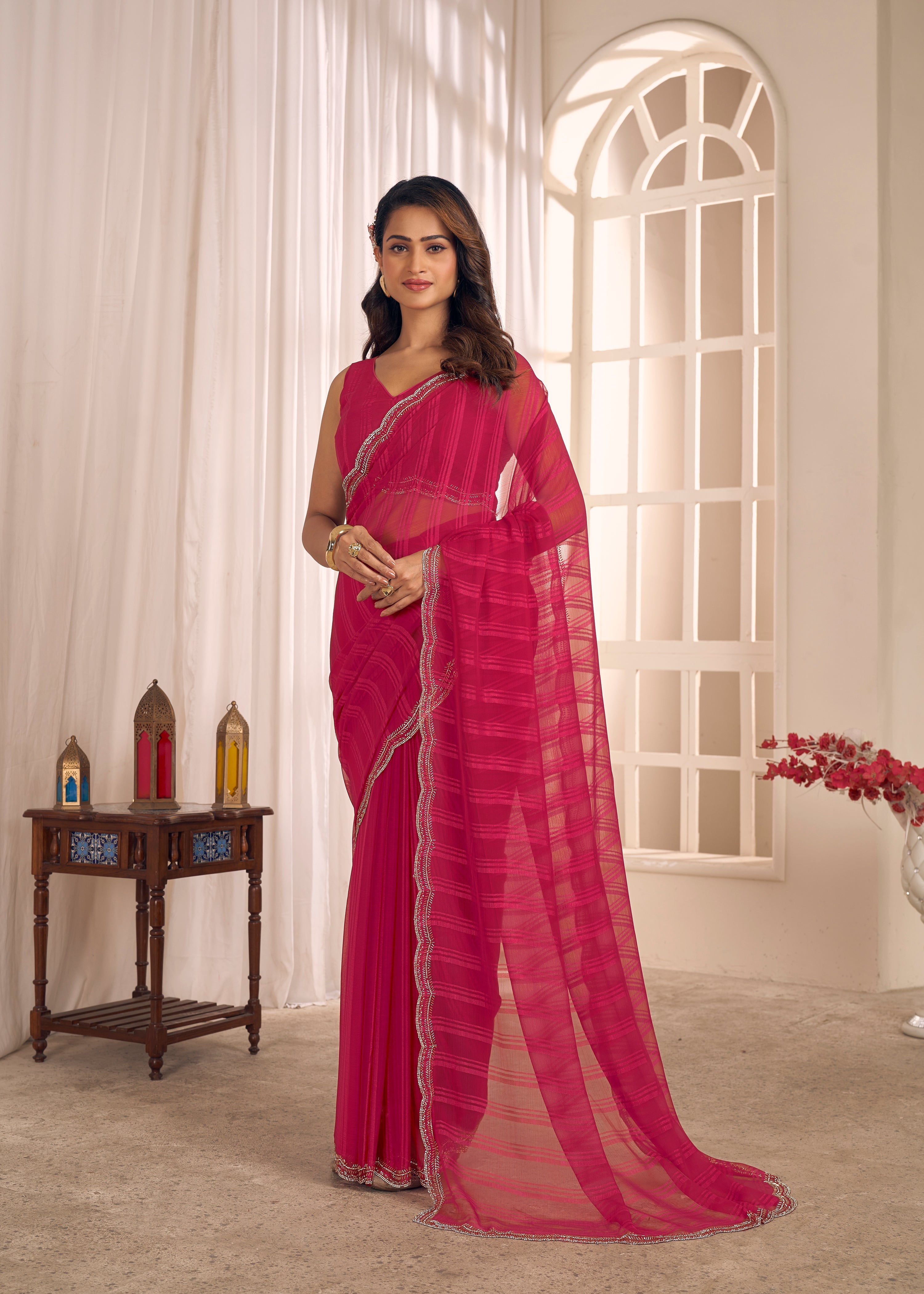 Hot Pink Shimmer Embellished Premium Silk Saree