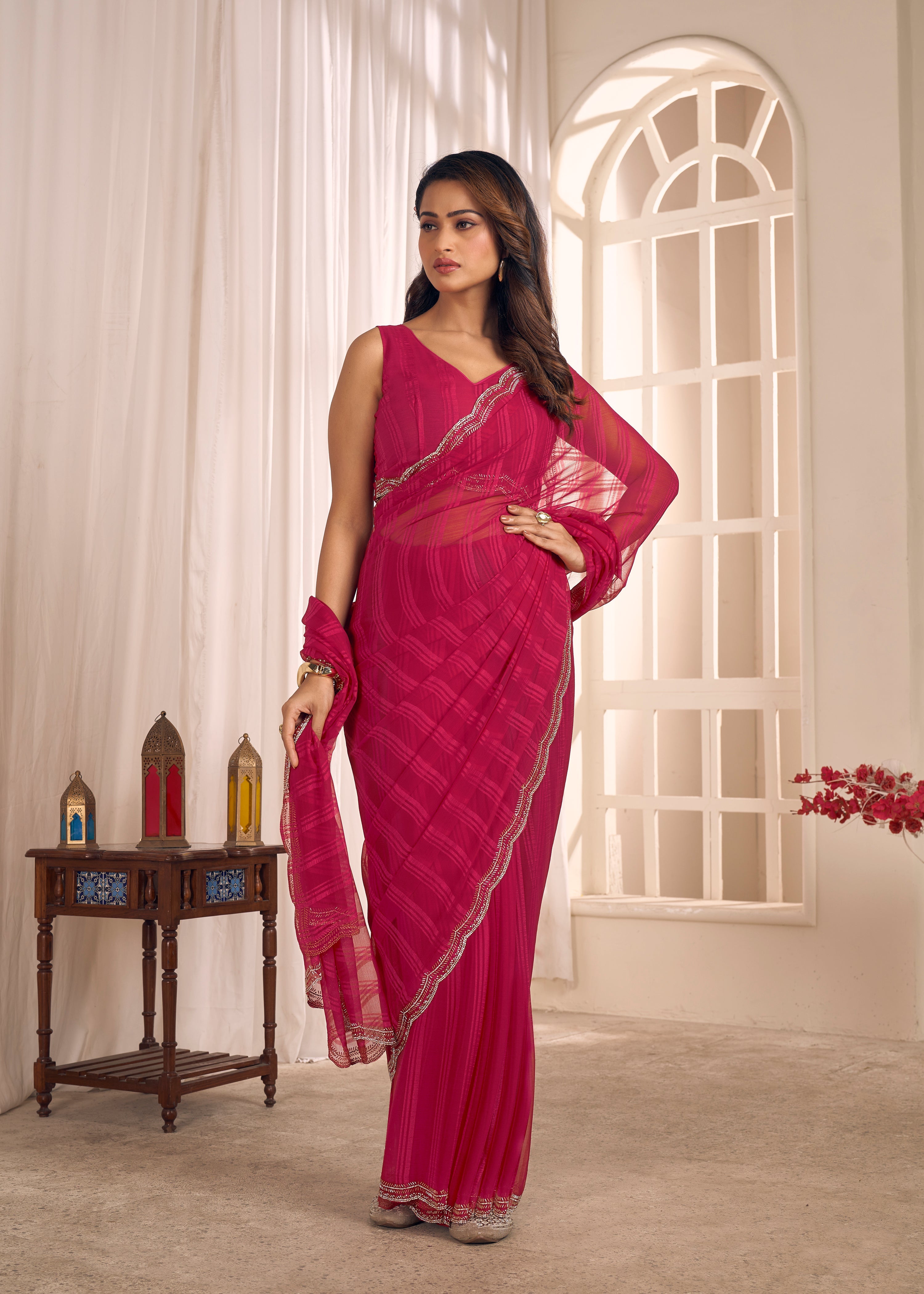 Hot Pink Shimmer Embellished Premium Silk Saree