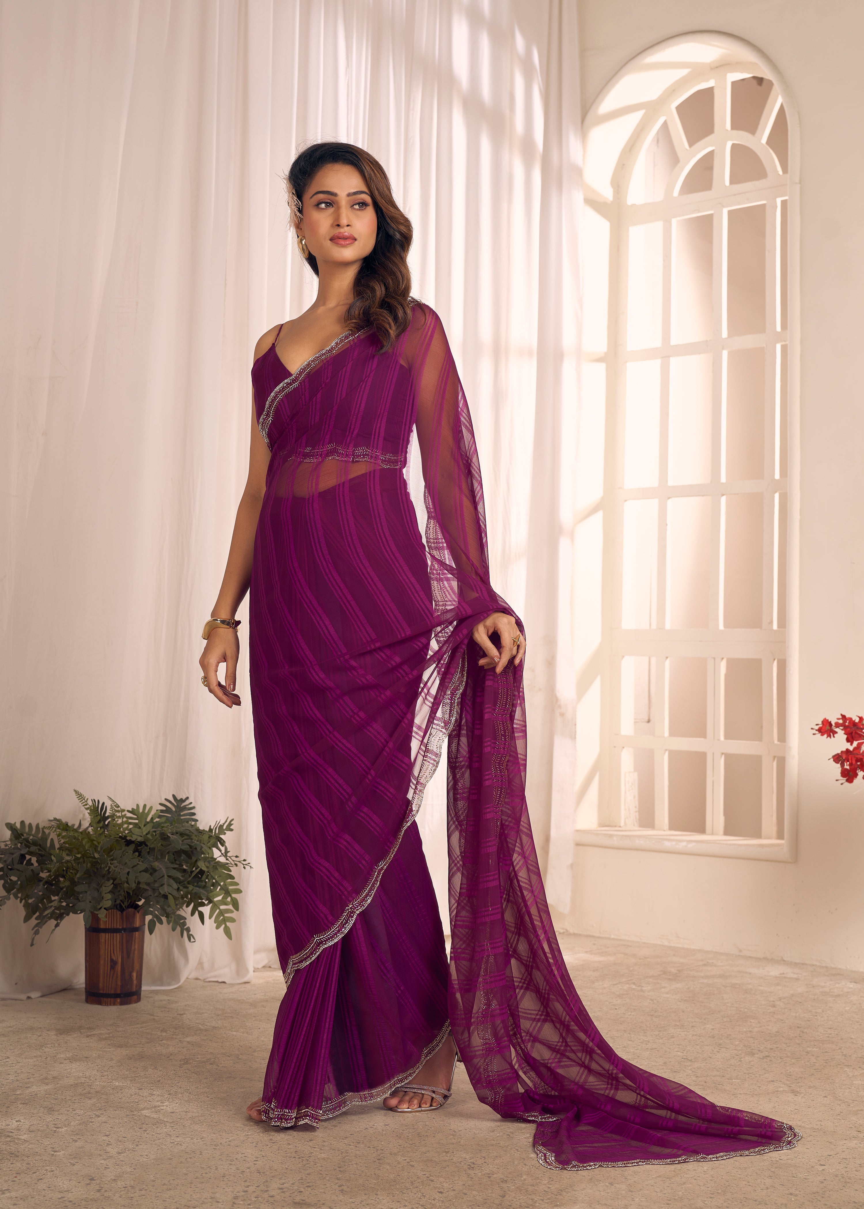 Royal Plum Shimmer Embellished Premium Silk Saree
