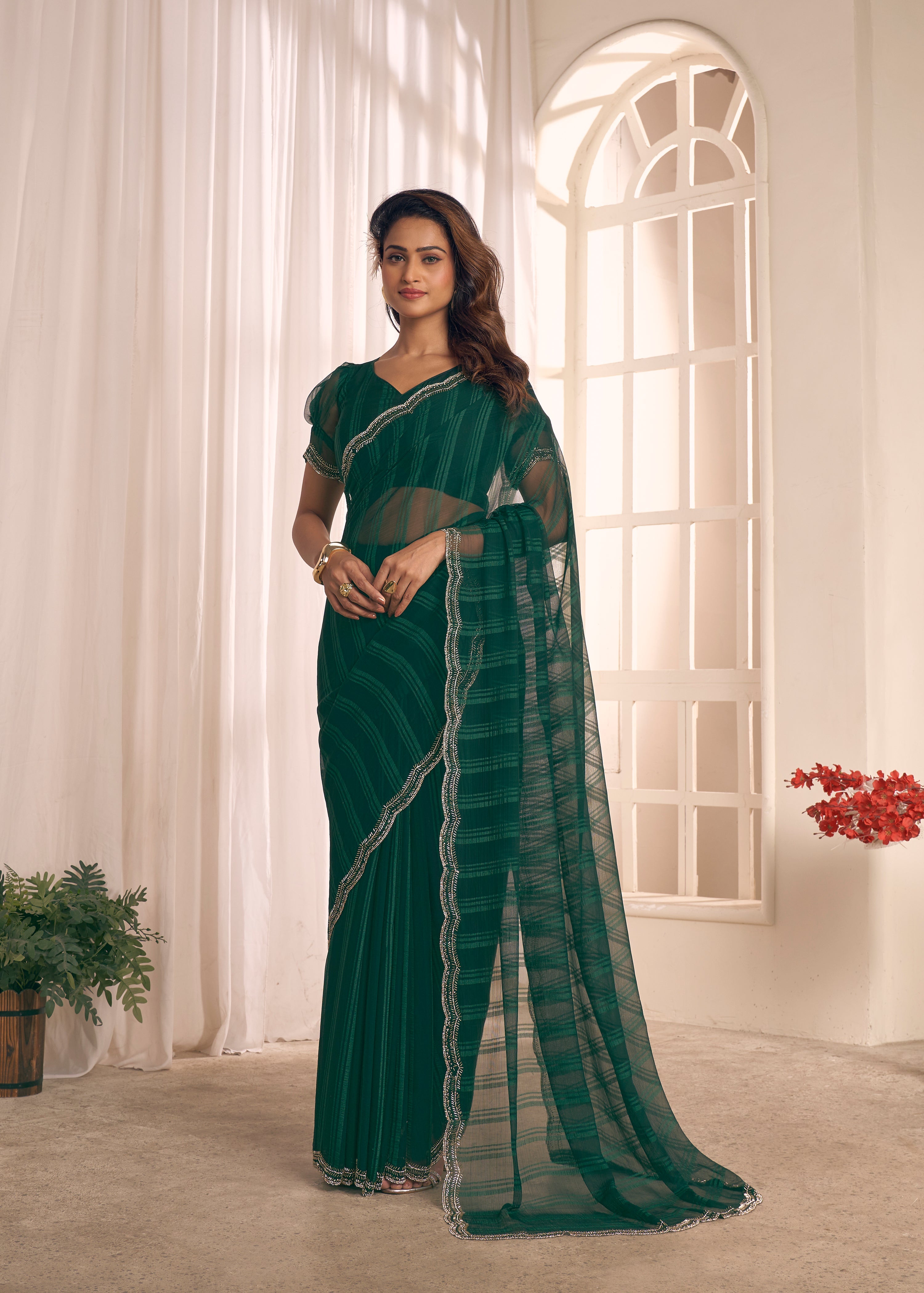 Emerald Green Embellished Premium Silk Saree