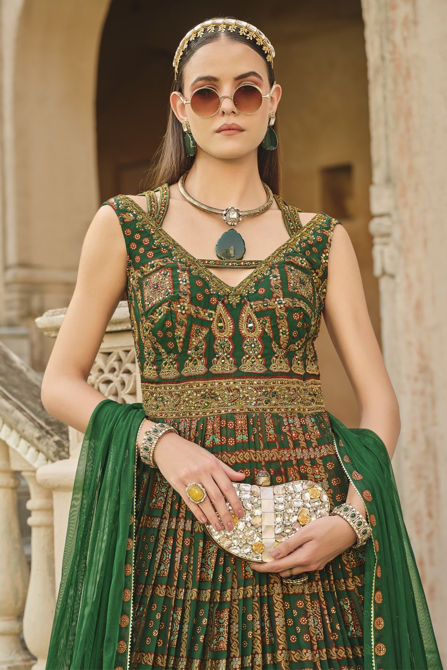 Green Embellished Premium Silk Anarkali Set