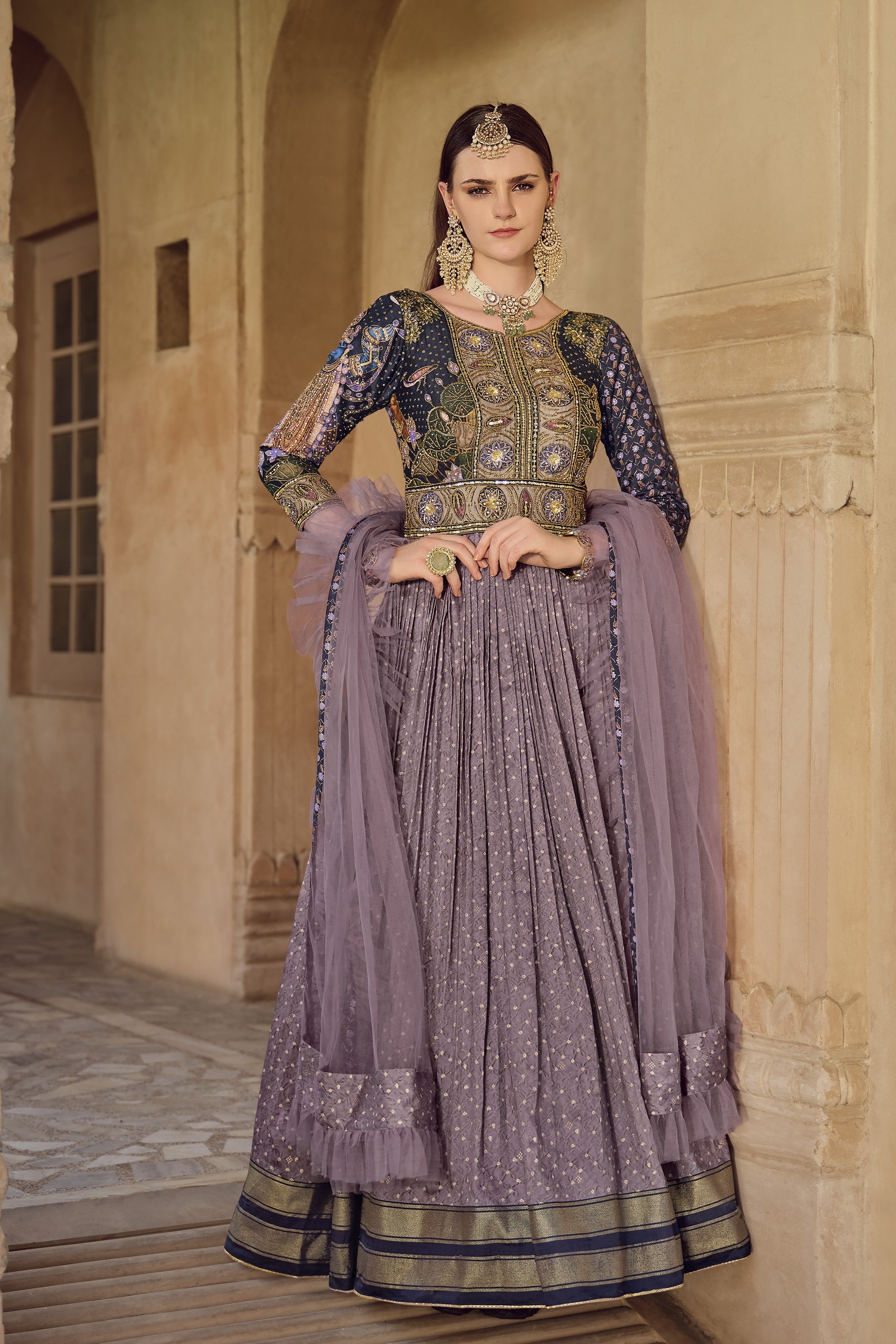 Lavender Divine Printed Premium Silk Anarkali Set