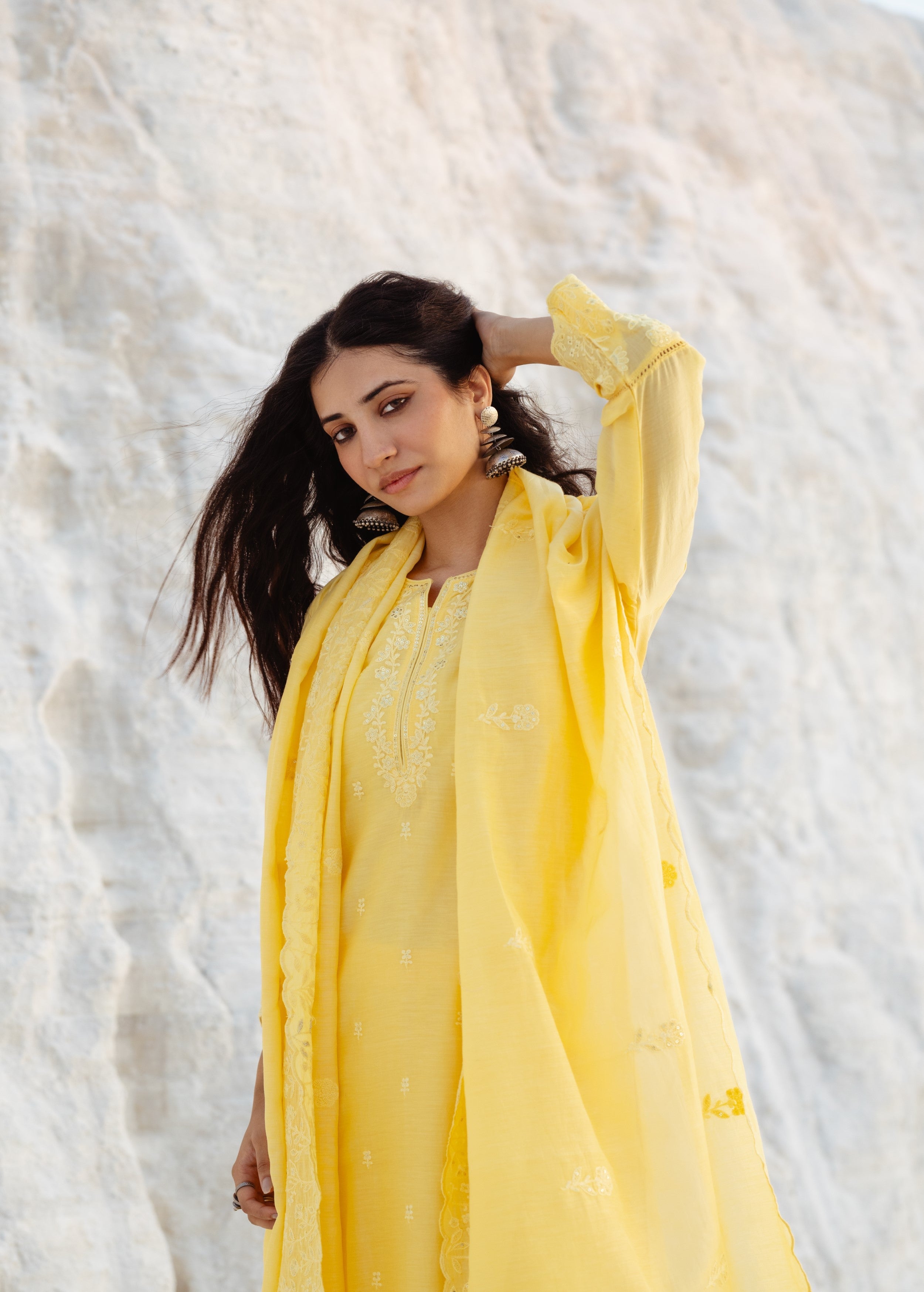 Lemon Embroidered Mul-Chanderi Silk Pant Set