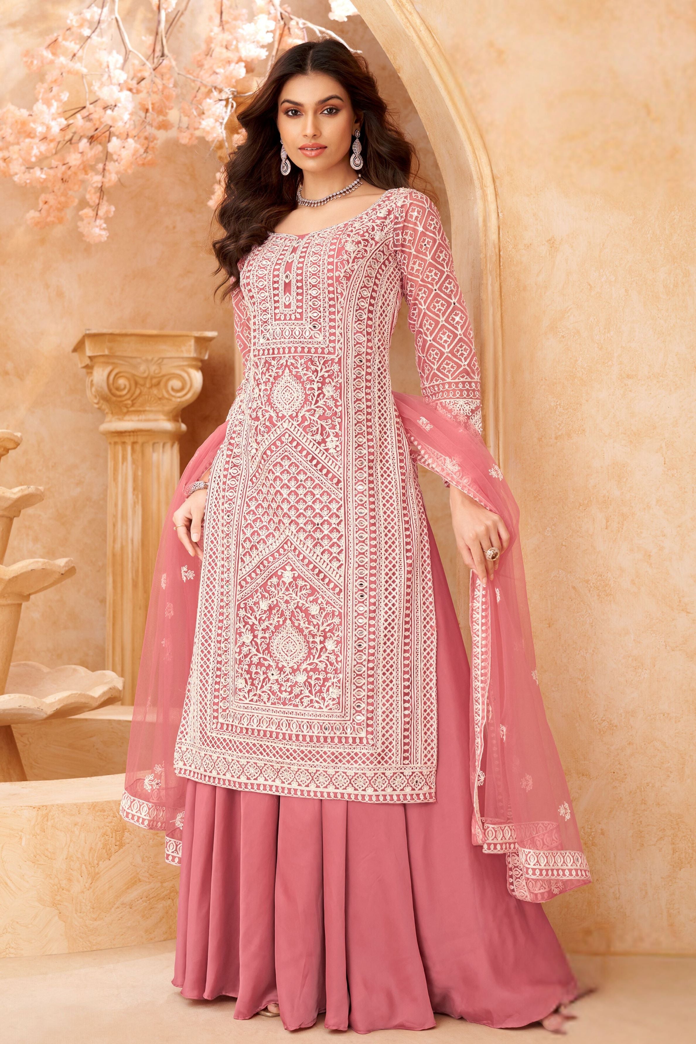 Salmon Pink Embroidered Premium Net Palazzo Set