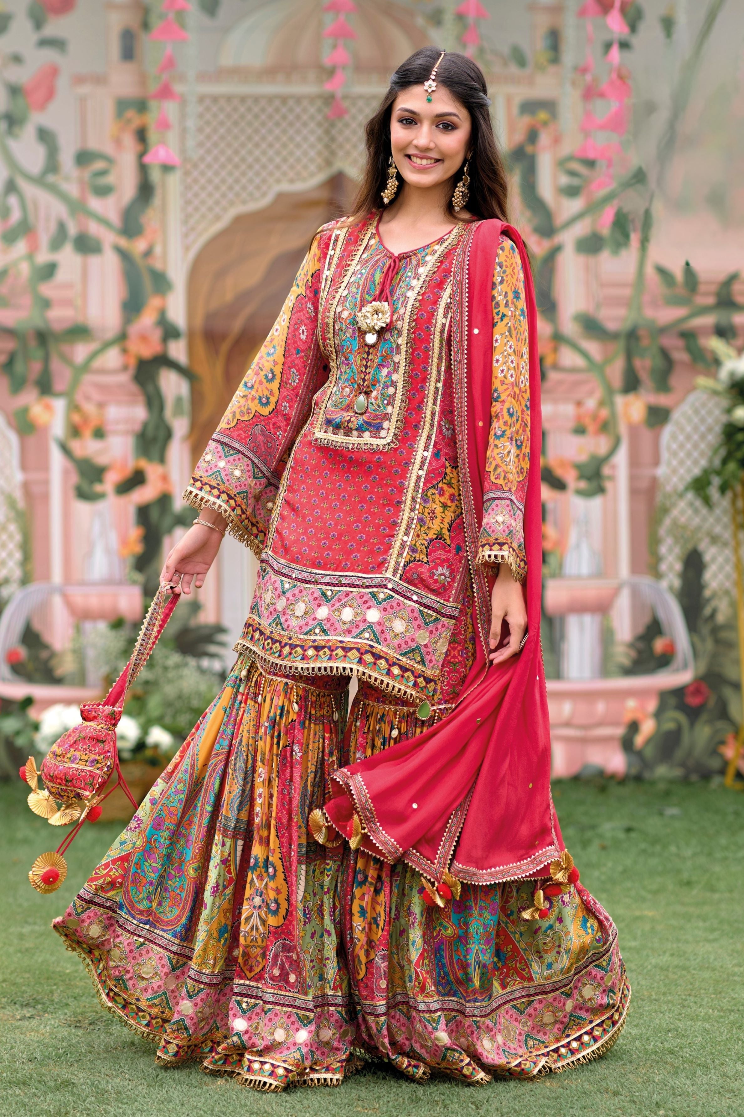 Red Traditional Printed Crepe Silk Sharara Set