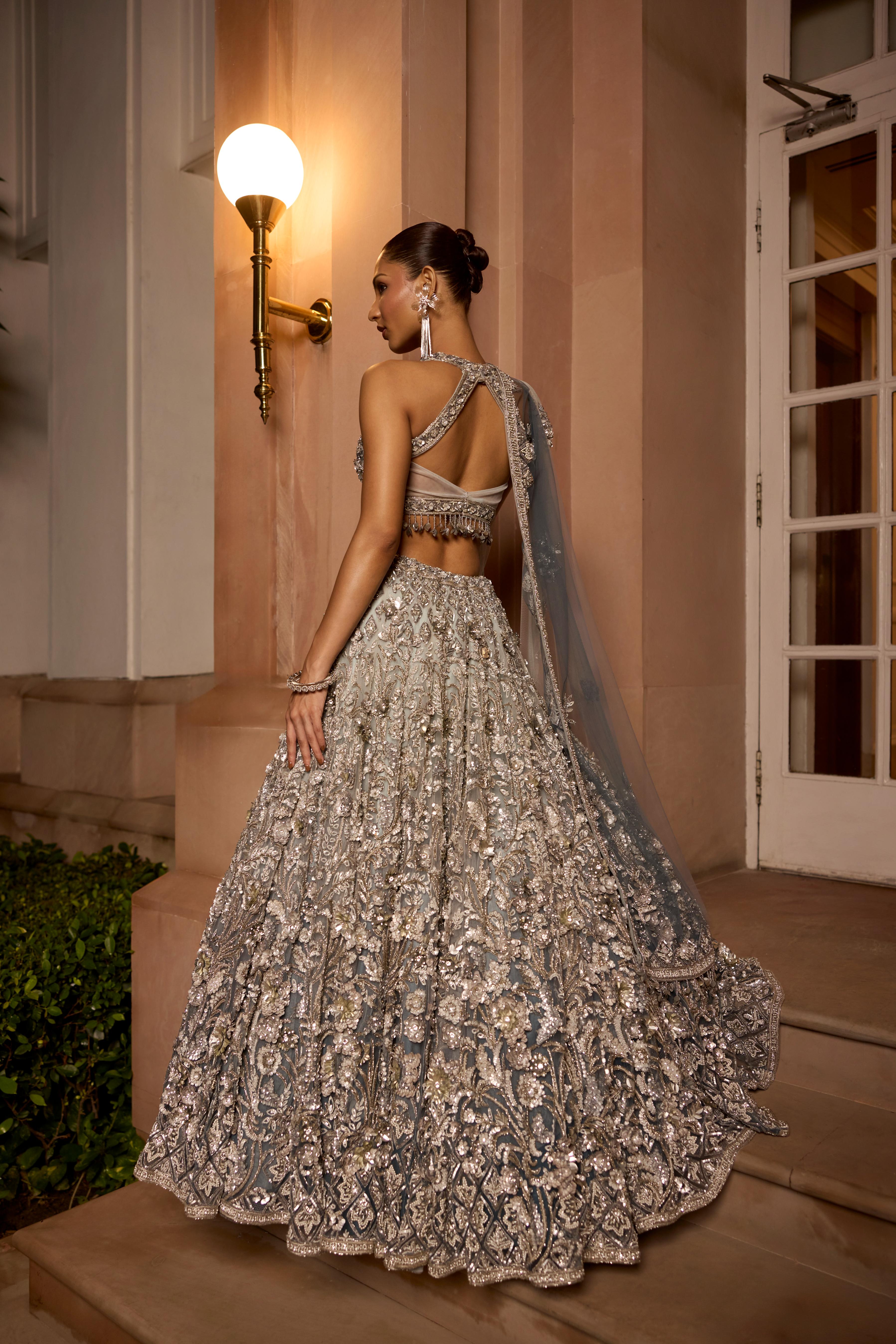 Dusty Grey to Midnight Blue Embellished Premium Lehenga Set