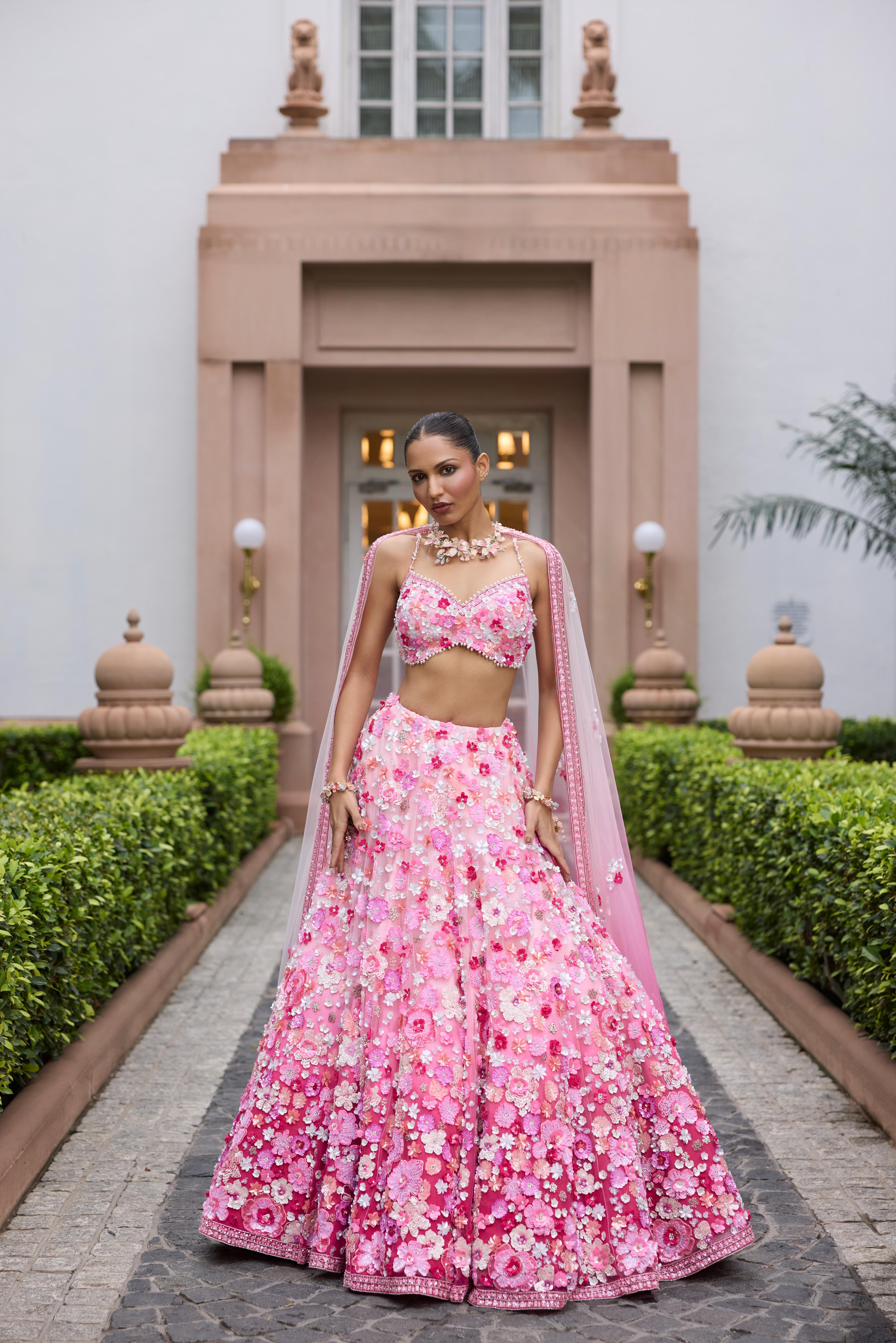 Floral Pink Ombre Embellished Premium Lehenga Set