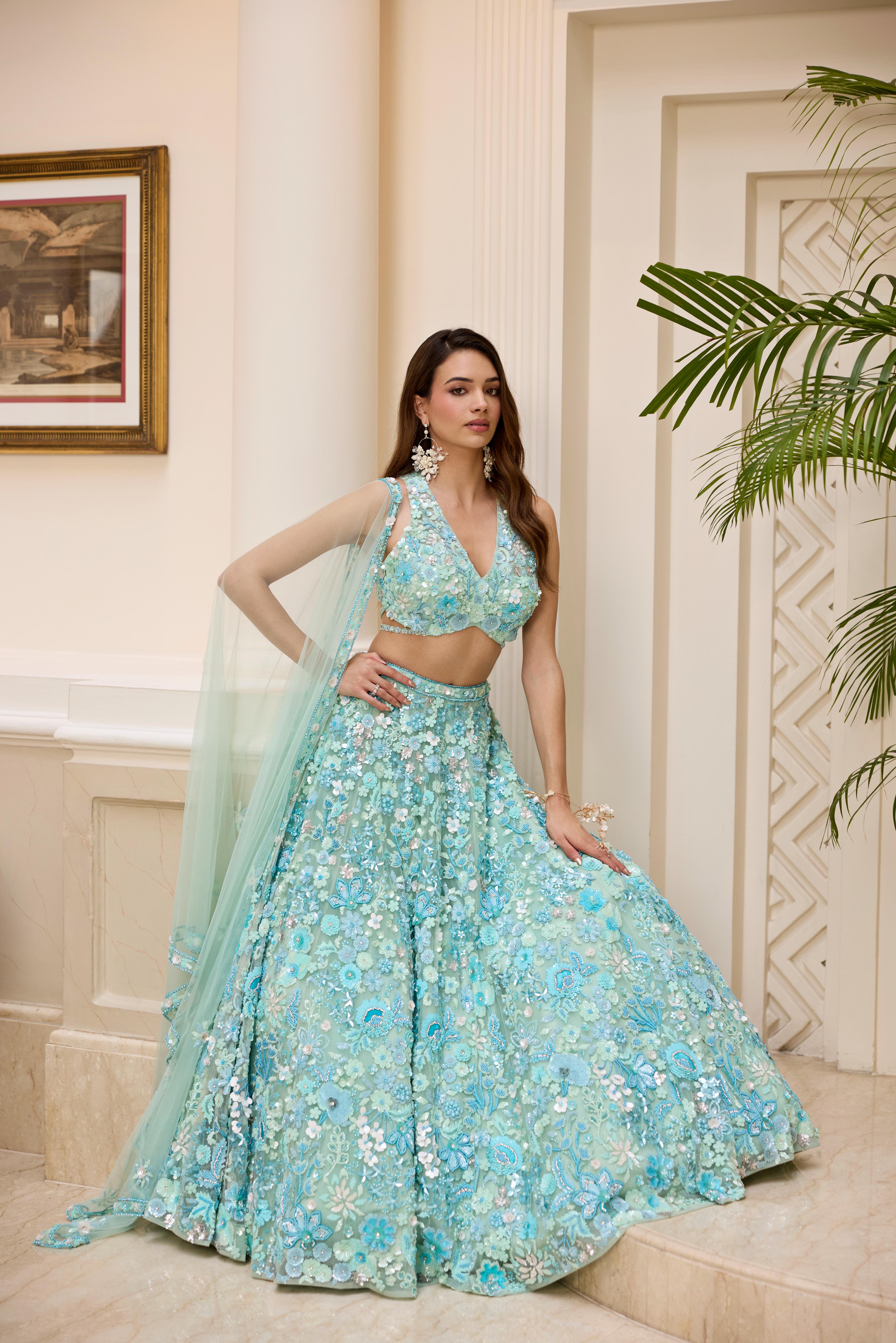 Aqua Pastel Blue Embellished Premium Lehenga Set