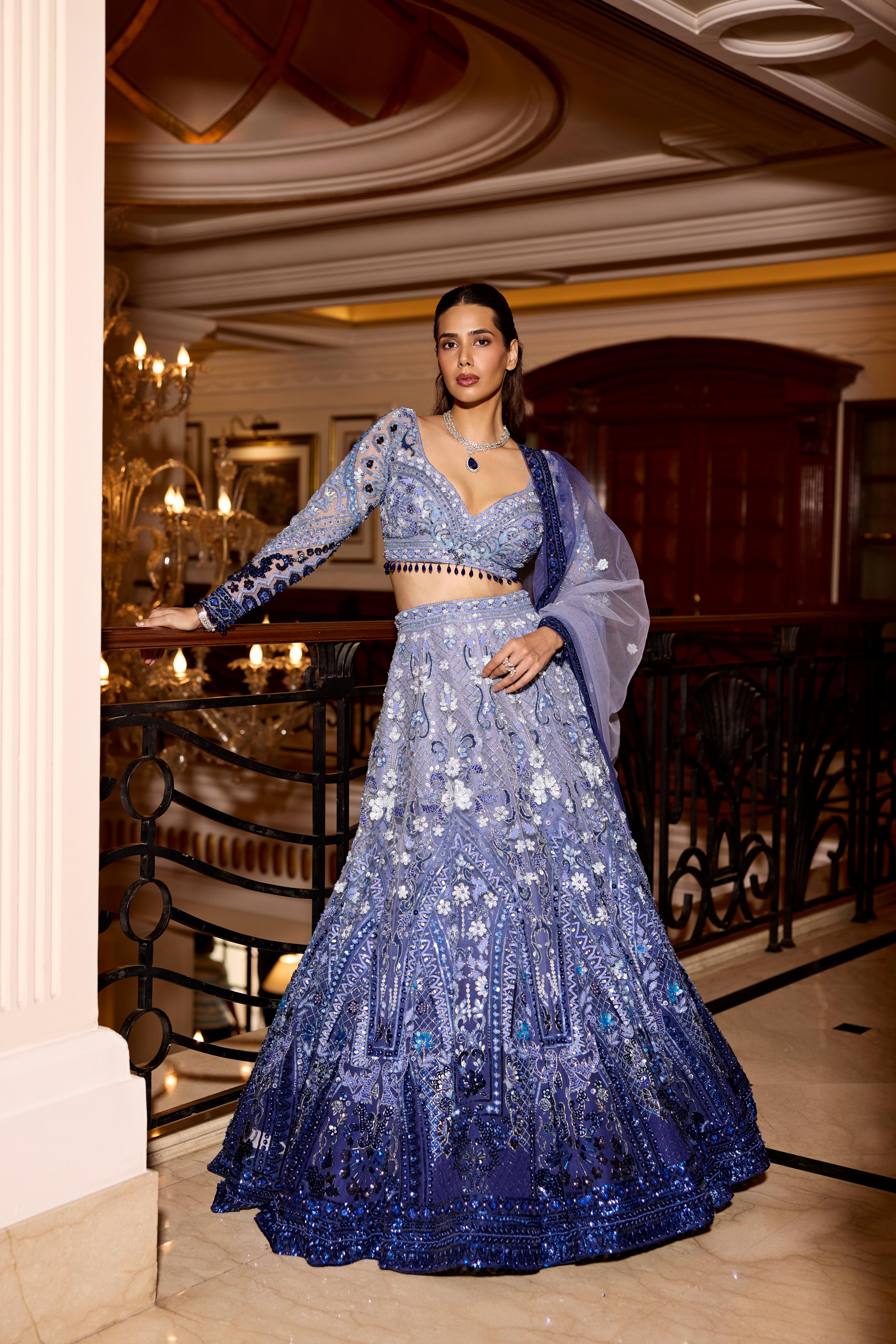 Periwinkle Blue Ombre Embellished Premium Lehenga Set