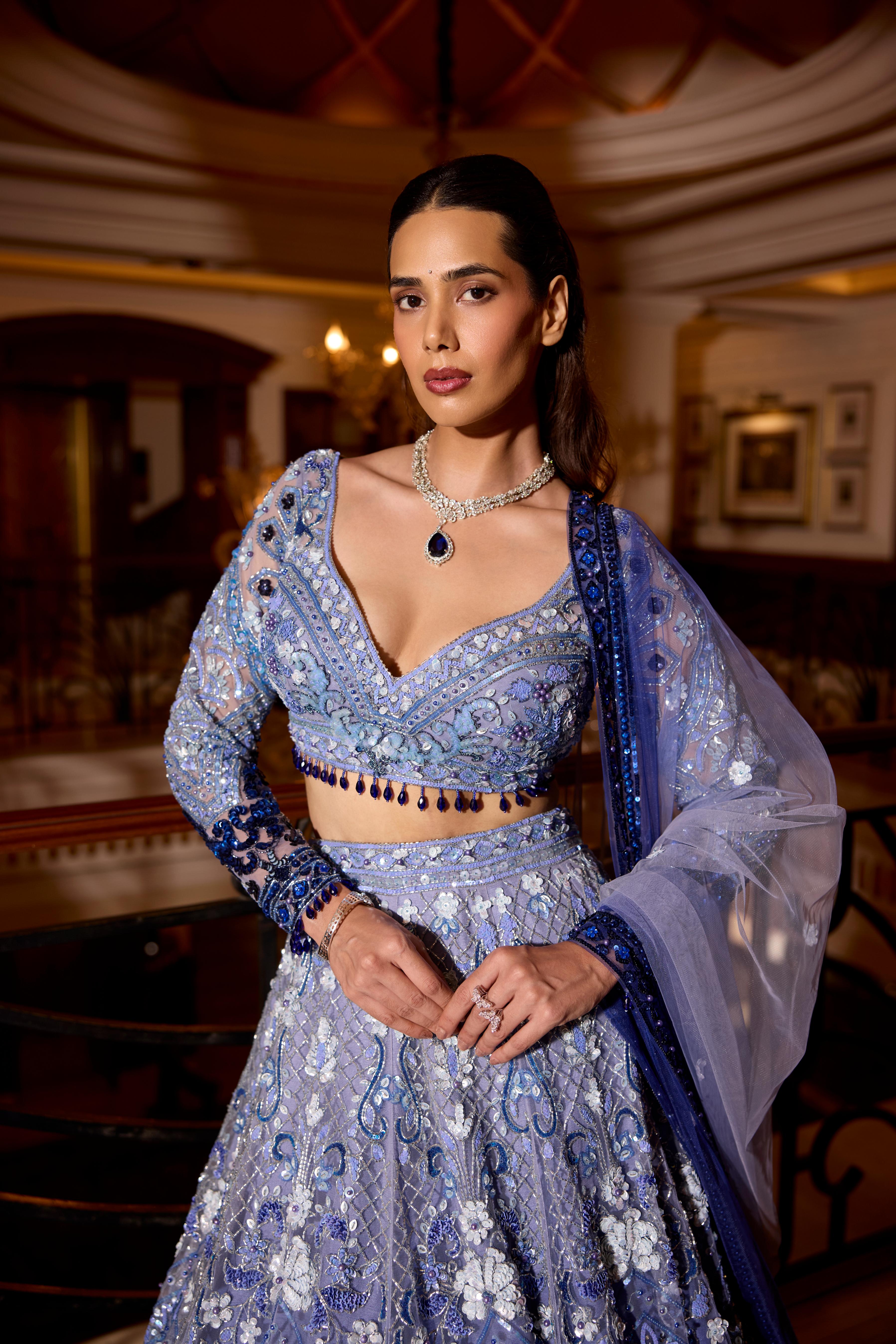 Periwinkle Blue Ombre Embellished Premium Lehenga Set