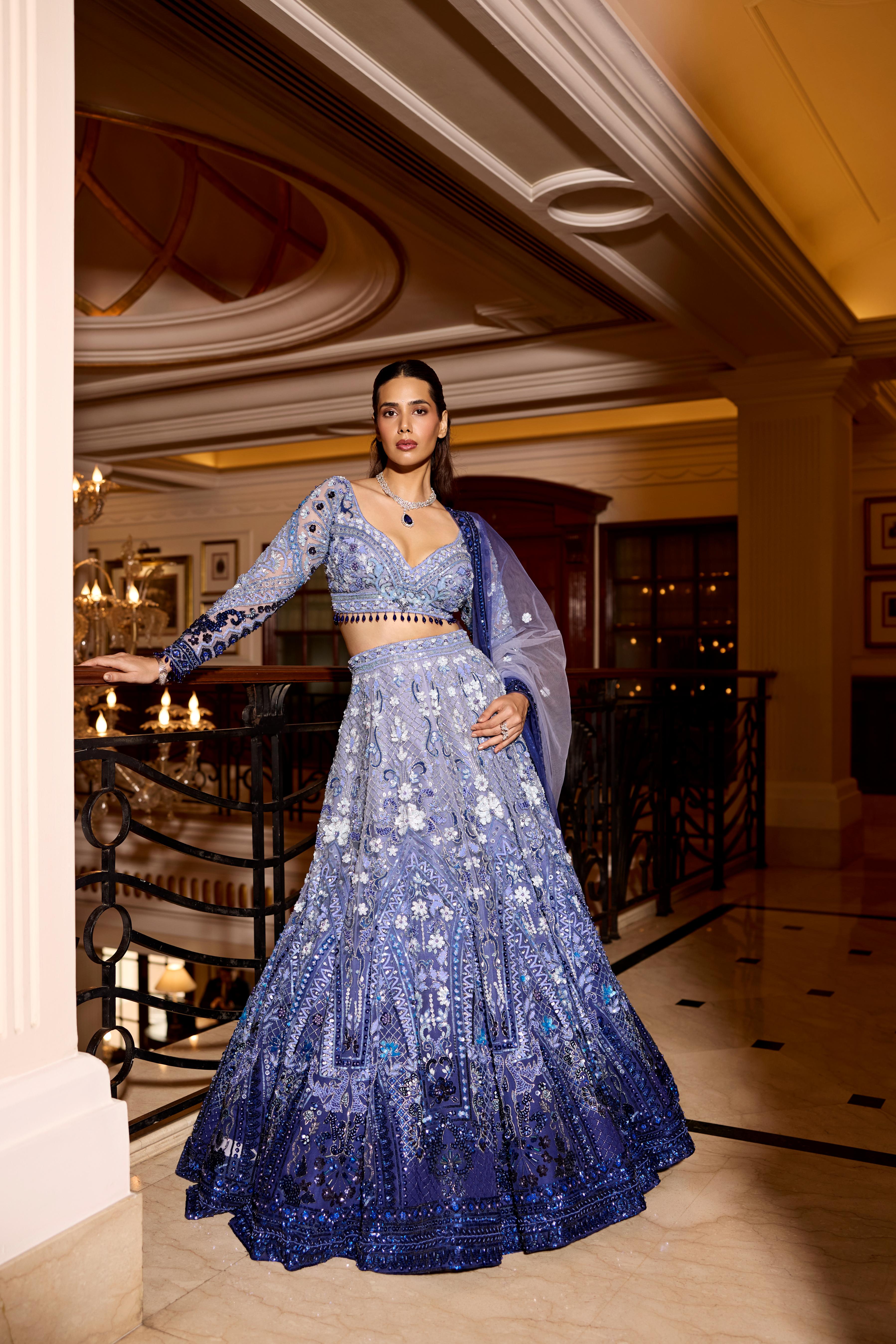Periwinkle Blue Ombre Embellished Premium Lehenga Set
