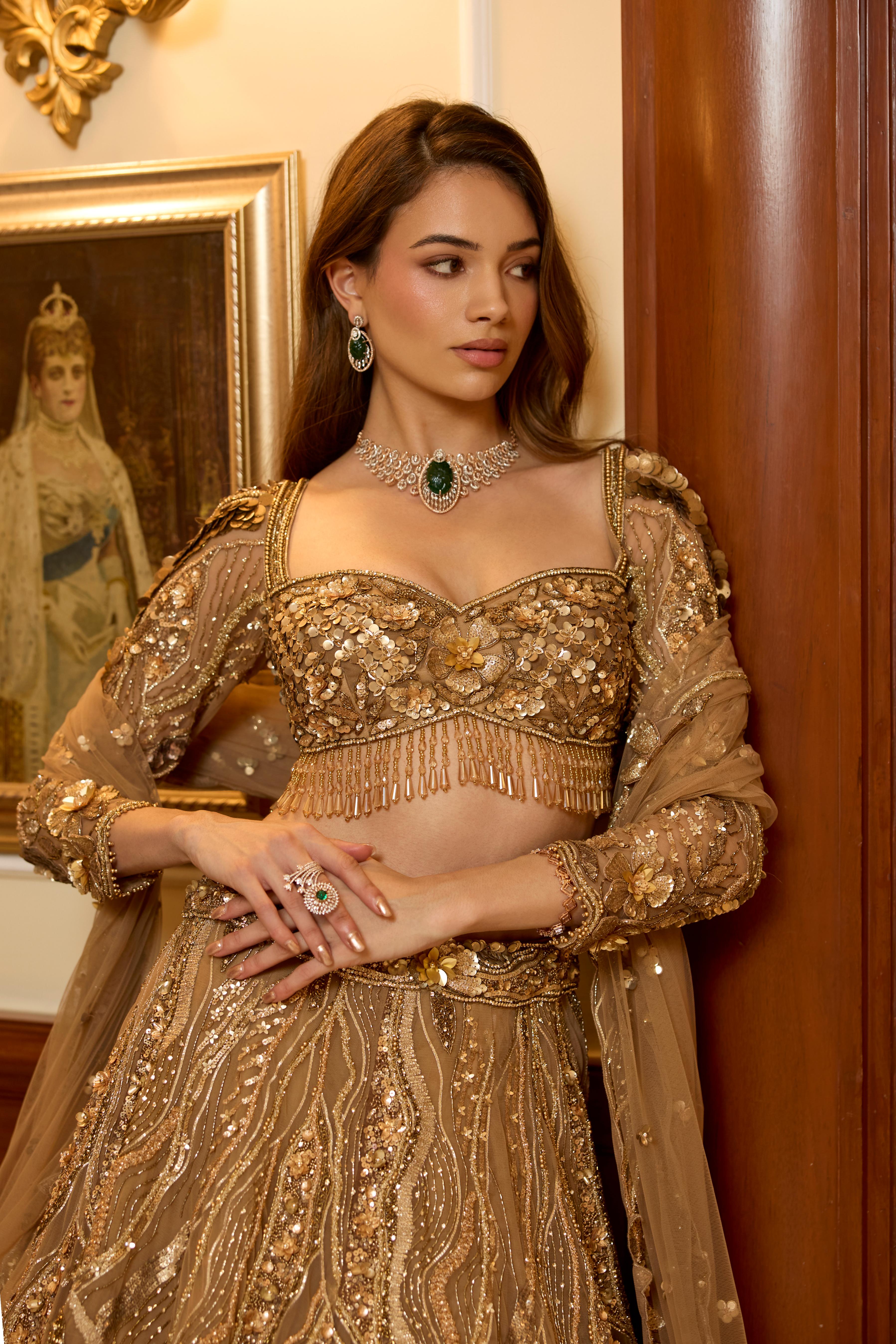 Dark Gold Embellished Premium Lehenga Set
