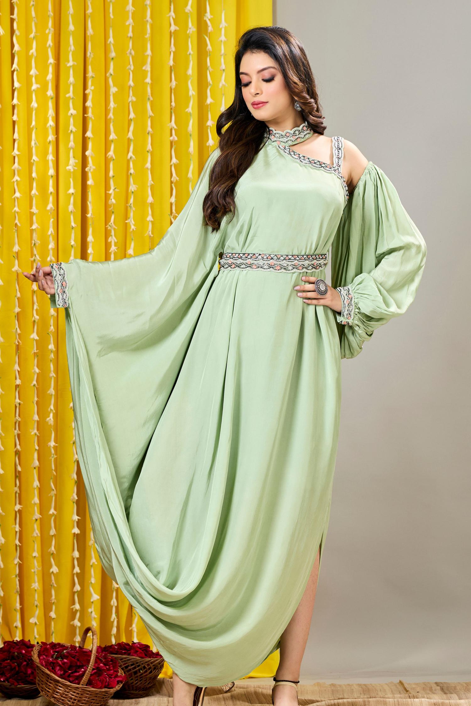 Pastel Green Embellished Crepe Silk Draped Gown