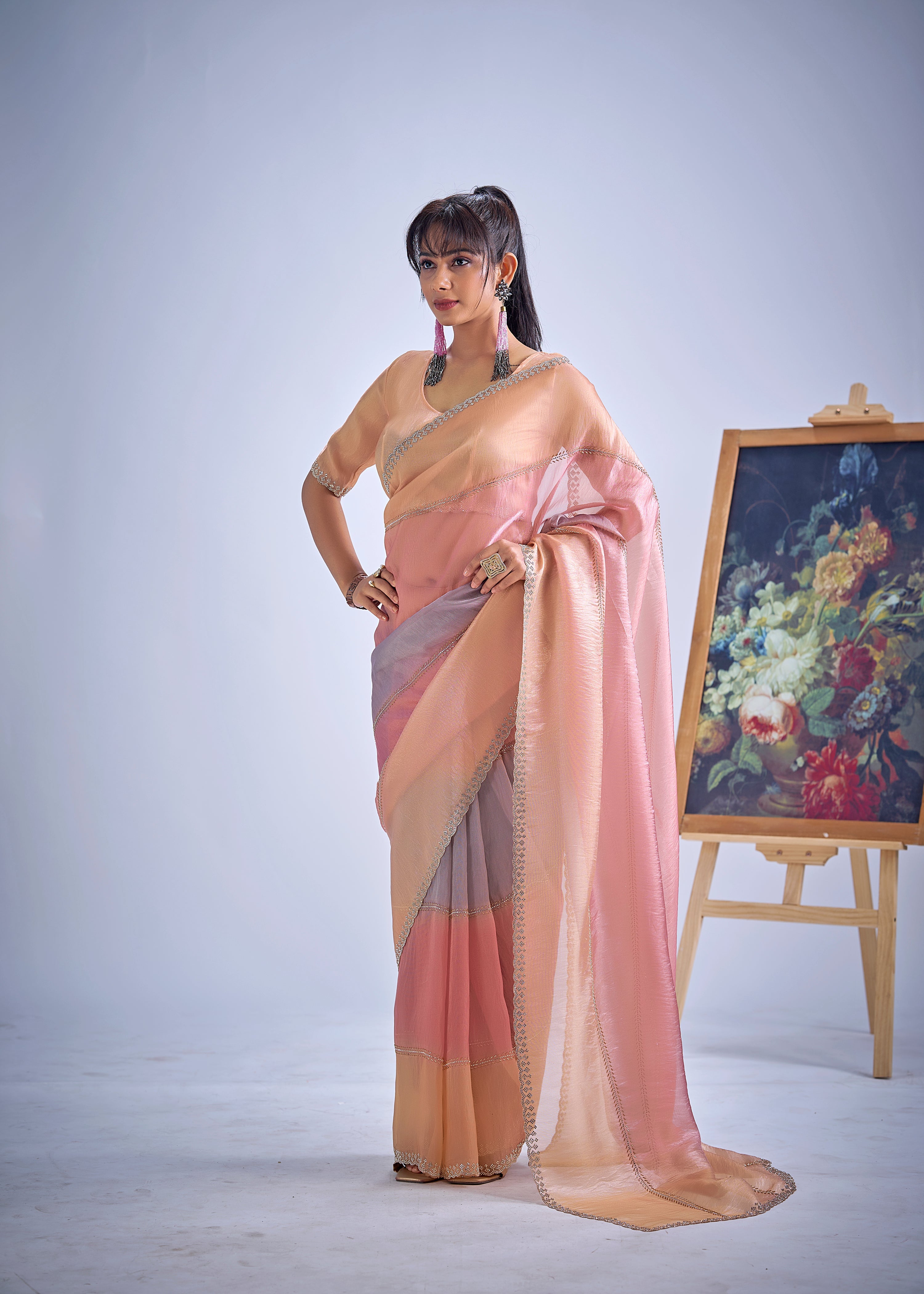 Peachy Pink Embellished Premium Silk Saree