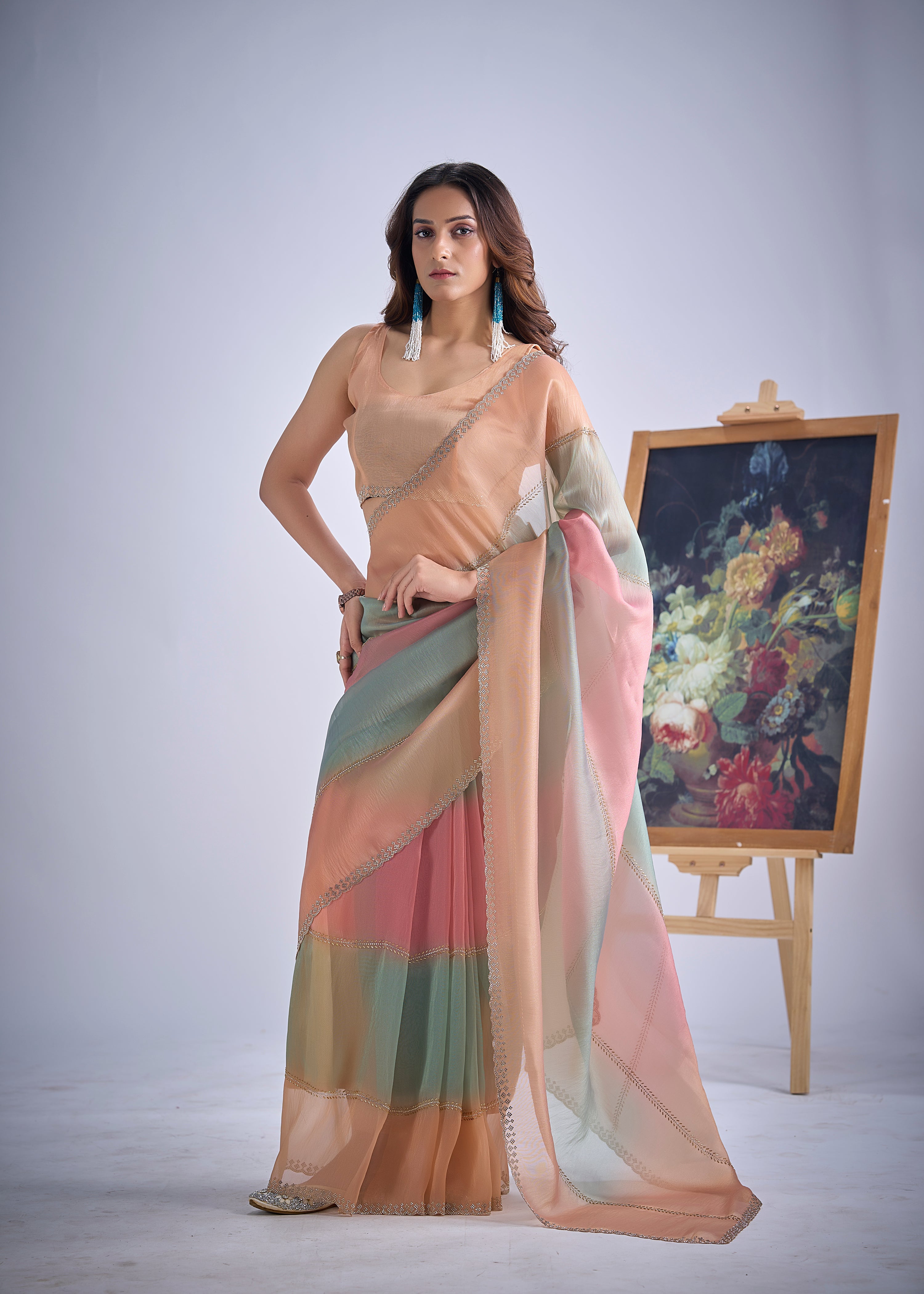 Peachy Sage Embellished Premium Silk Saree