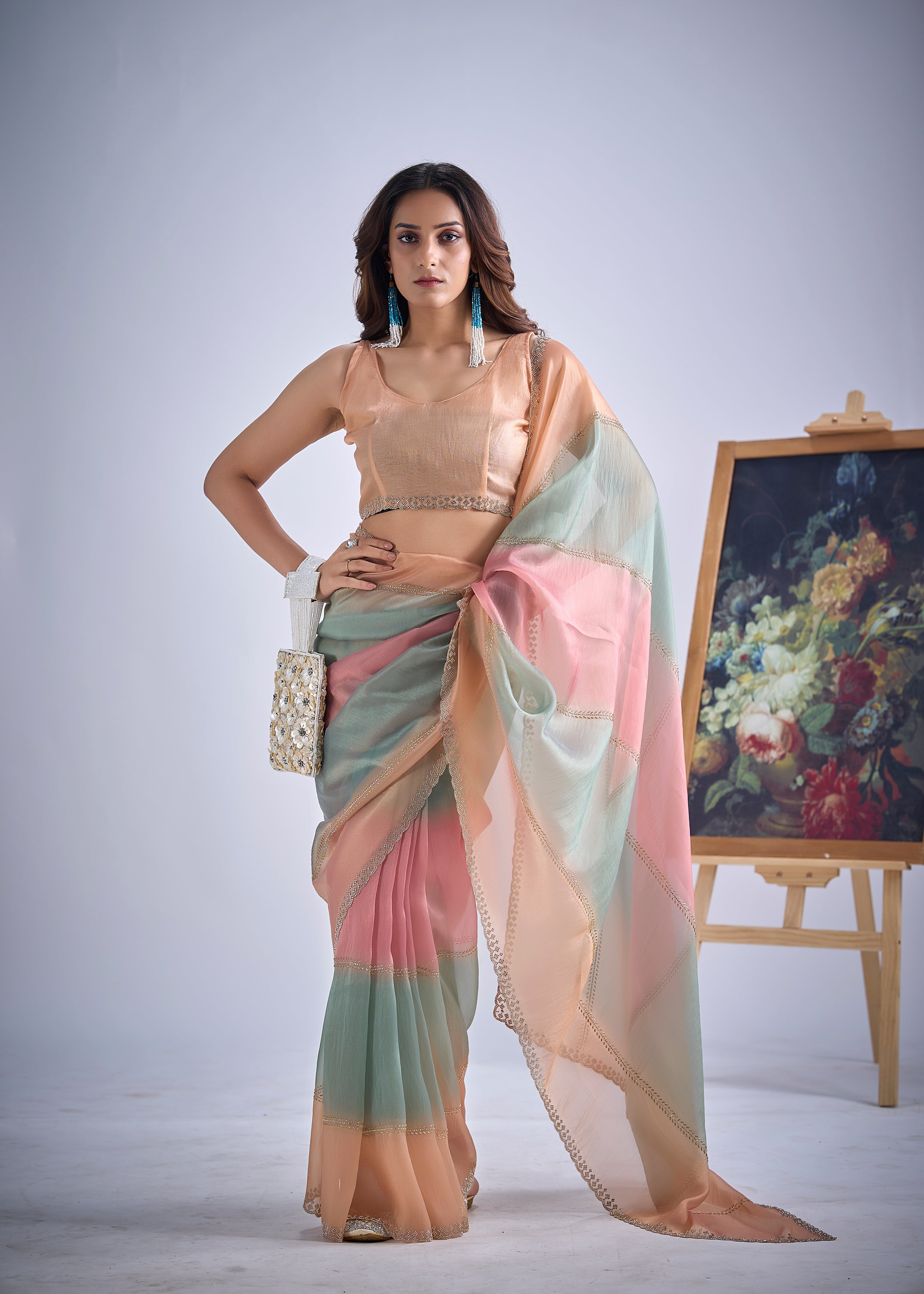 Peachy Sage Embellished Premium Silk Saree