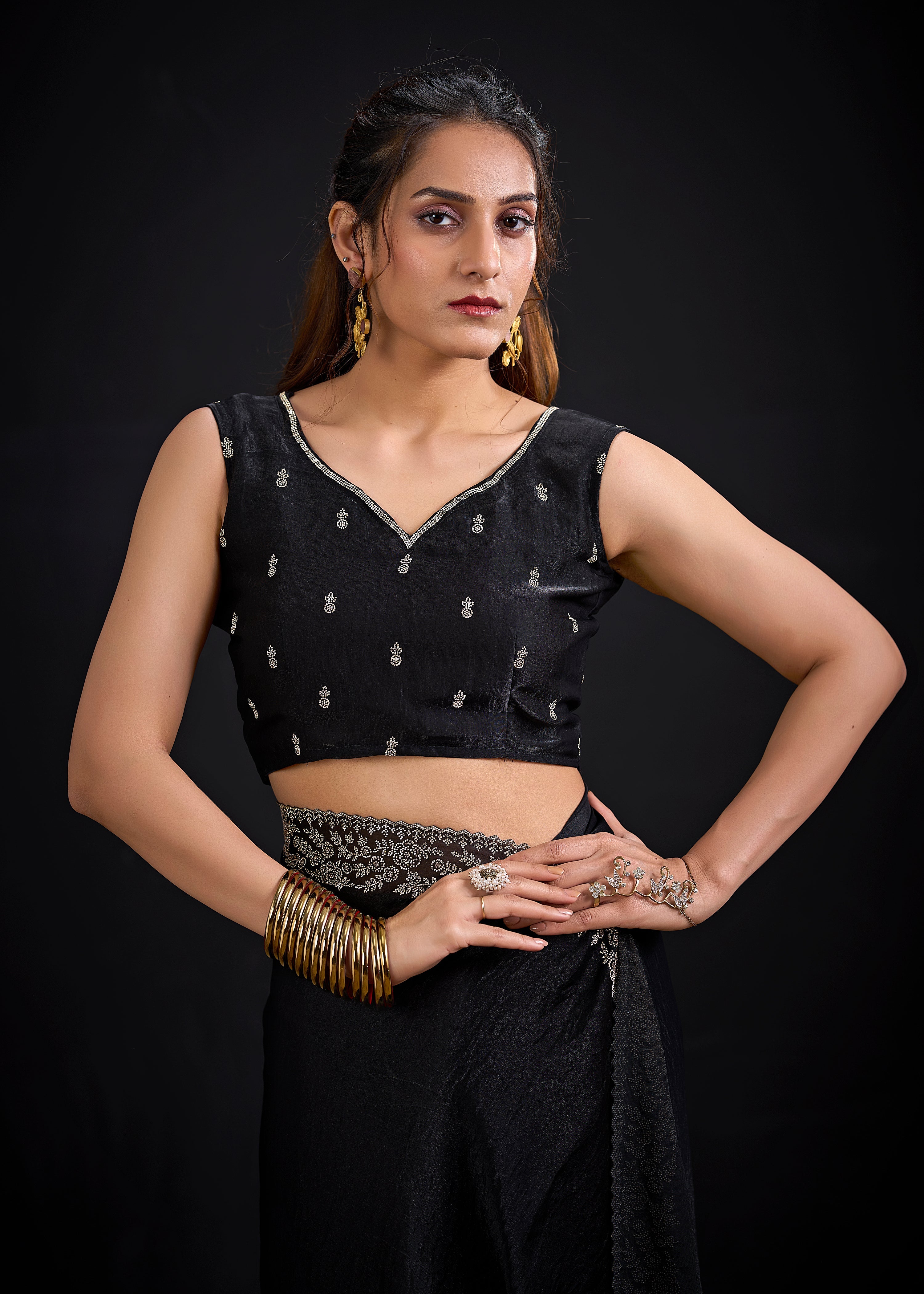 Jet Black Embellished Satin Silk Saree
