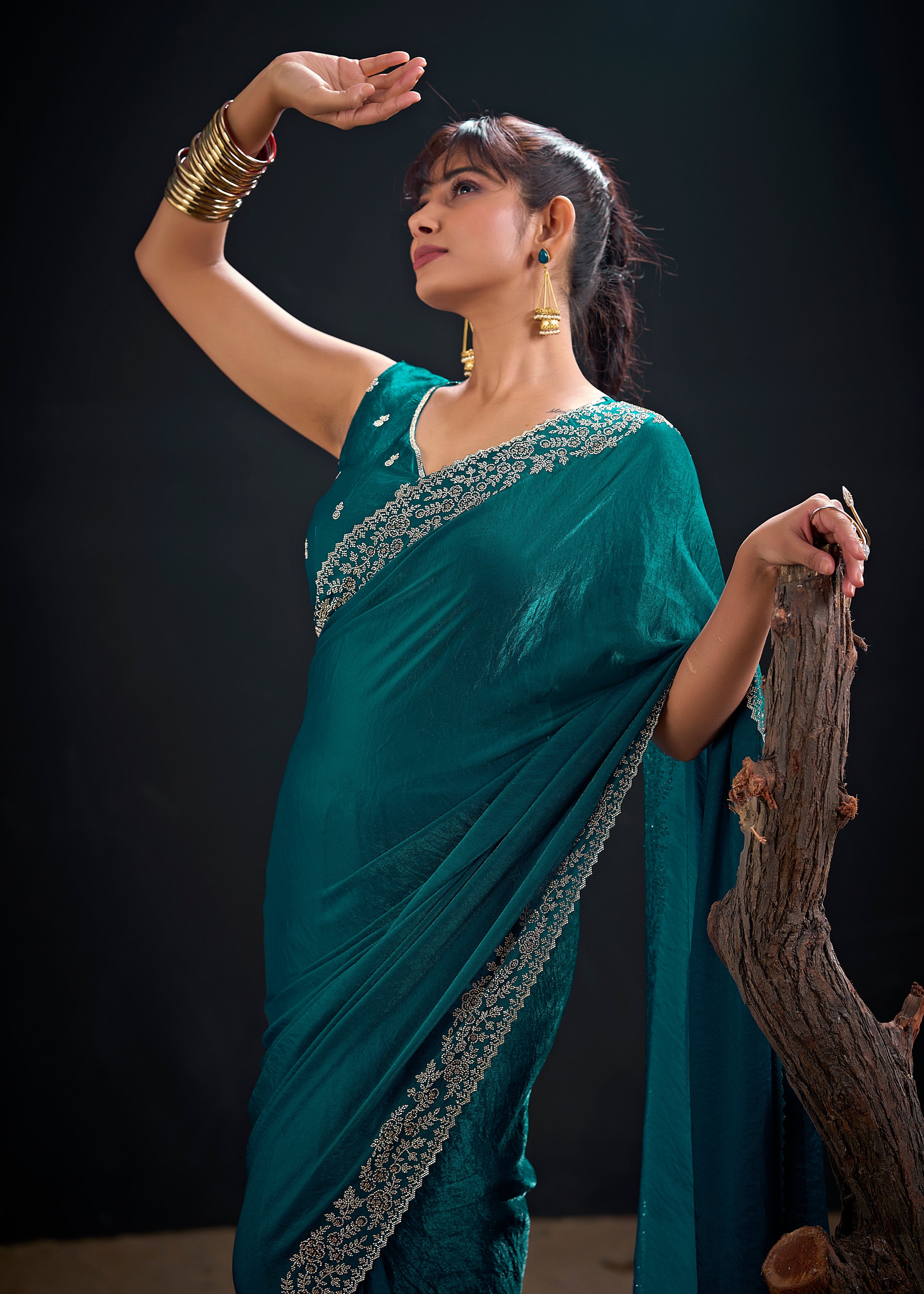 Peacock Teal Embellished Satin Silk Saree