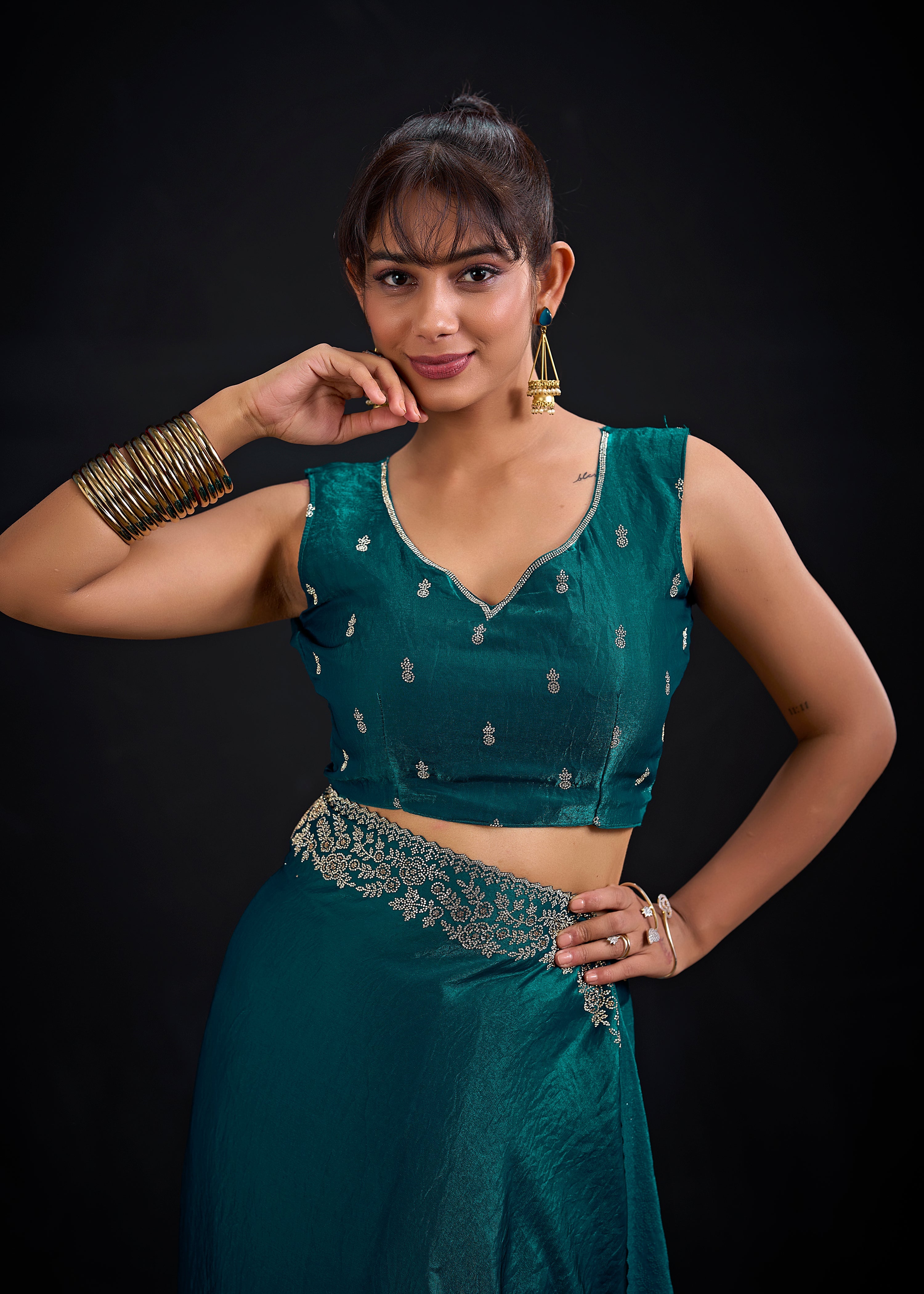 Peacock Teal Embellished Satin Silk Saree