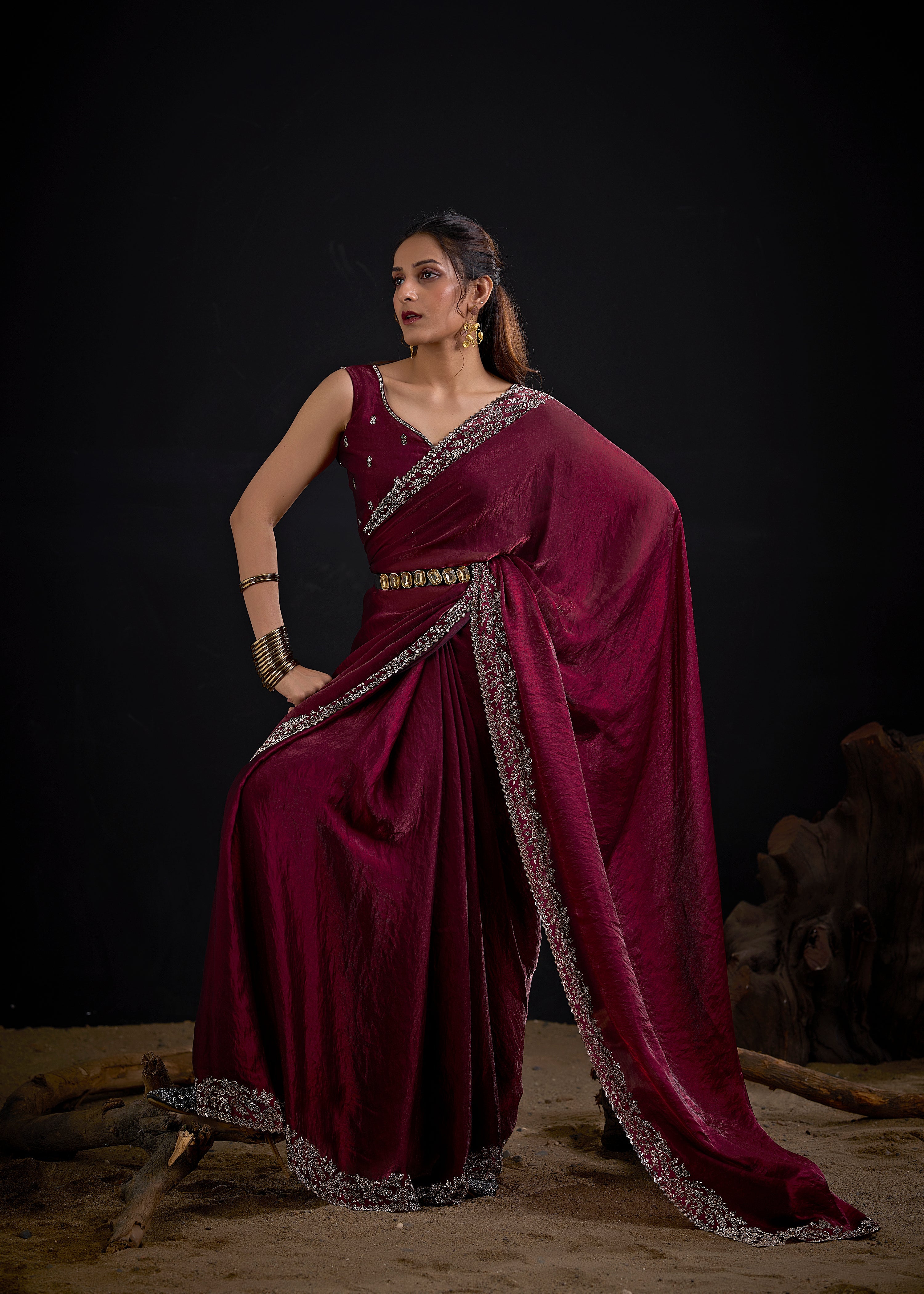 Deep Plum Embellished Satin Silk Saree