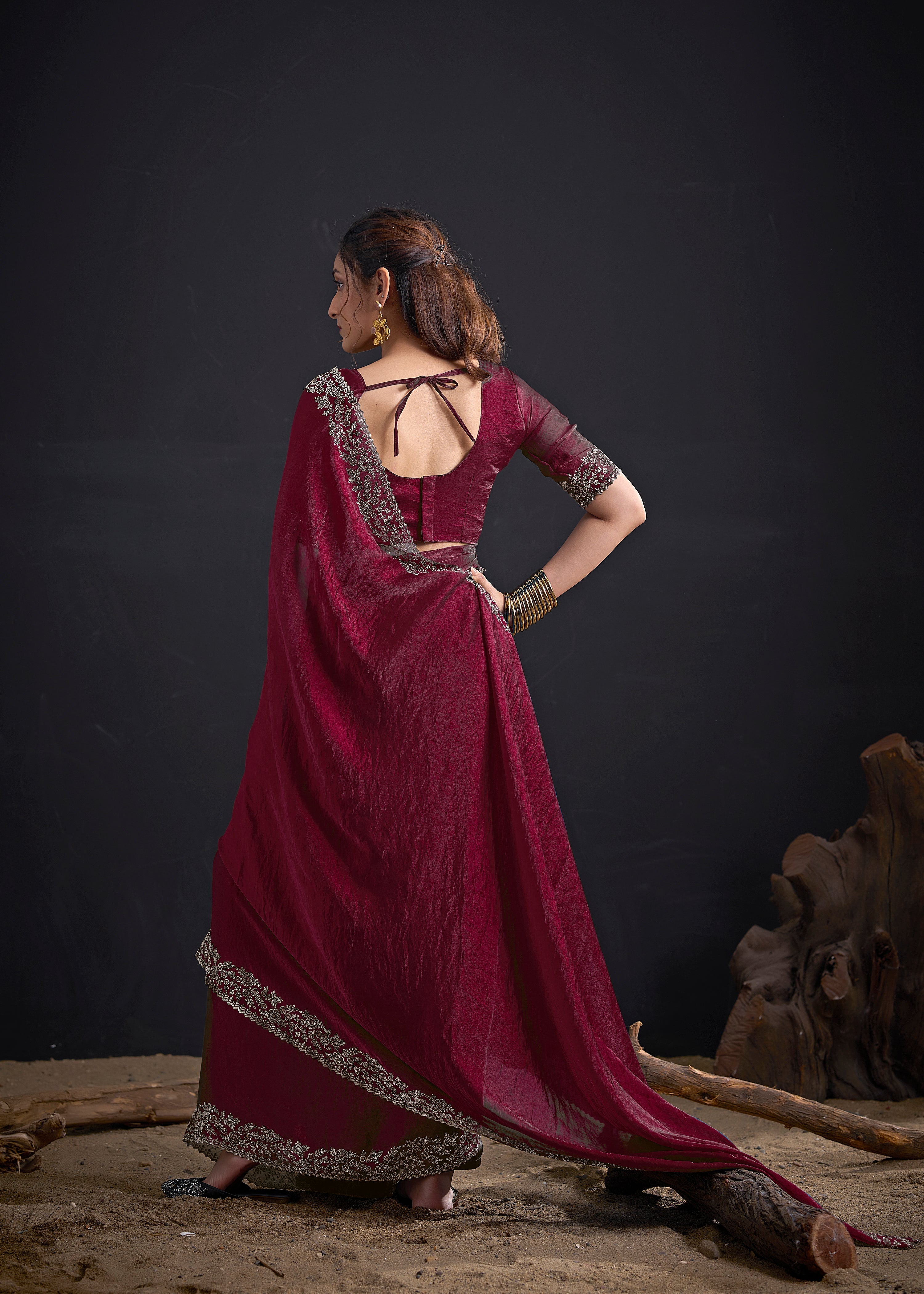 Deep Plum Embellished Satin Silk Saree