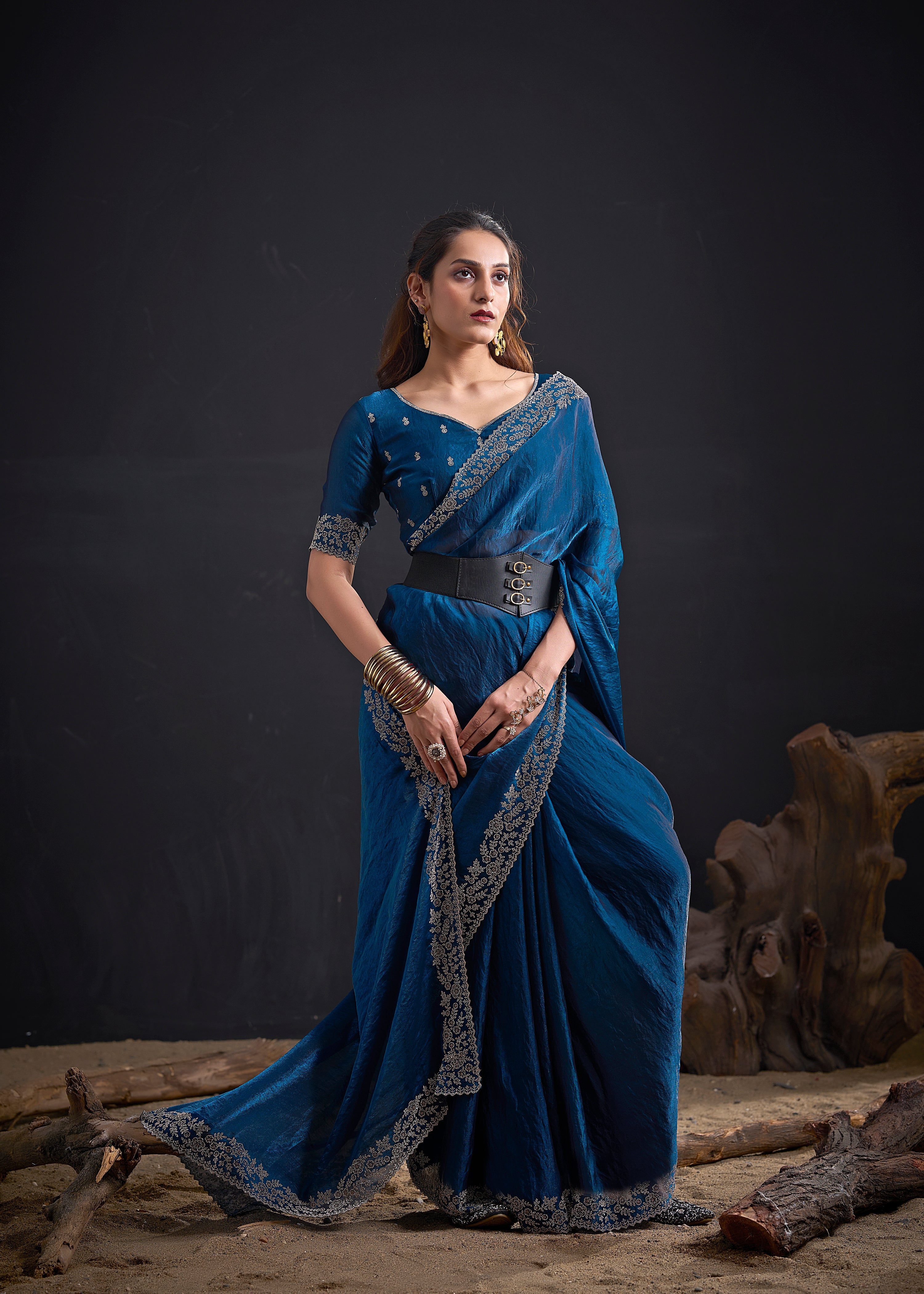 Prussian Blue Embellished Satin Silk Saree