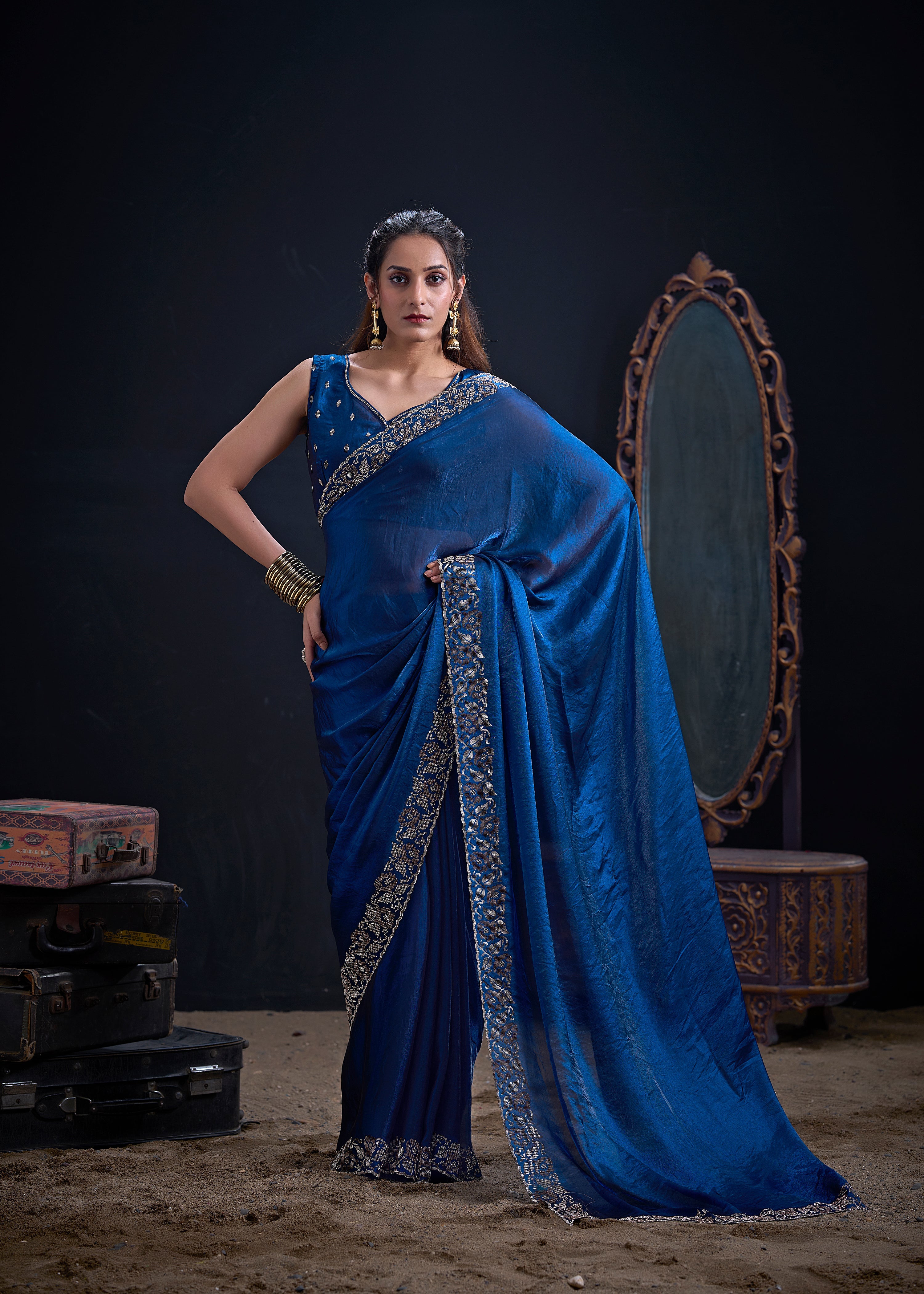 Royal Blue Embellished Satin Silk Saree
