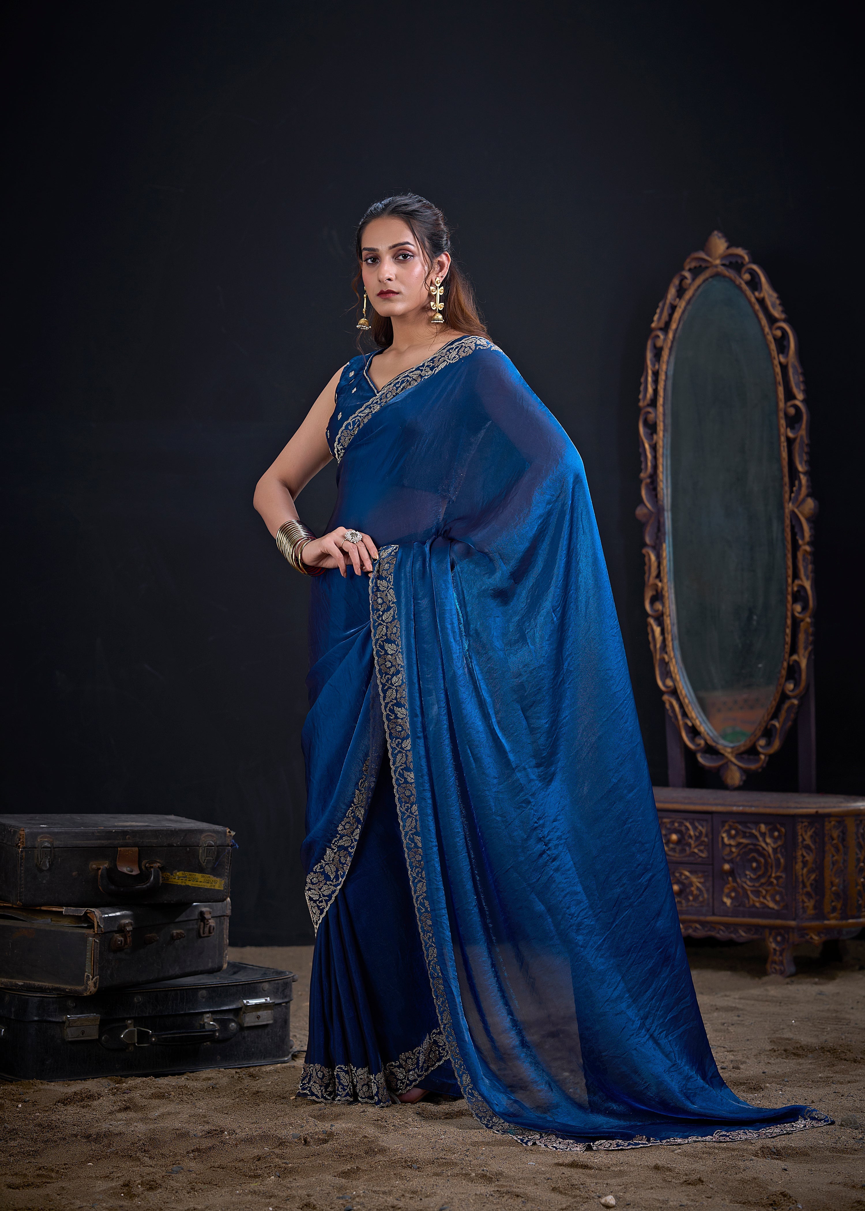 Royal Blue Embellished Satin Silk Saree