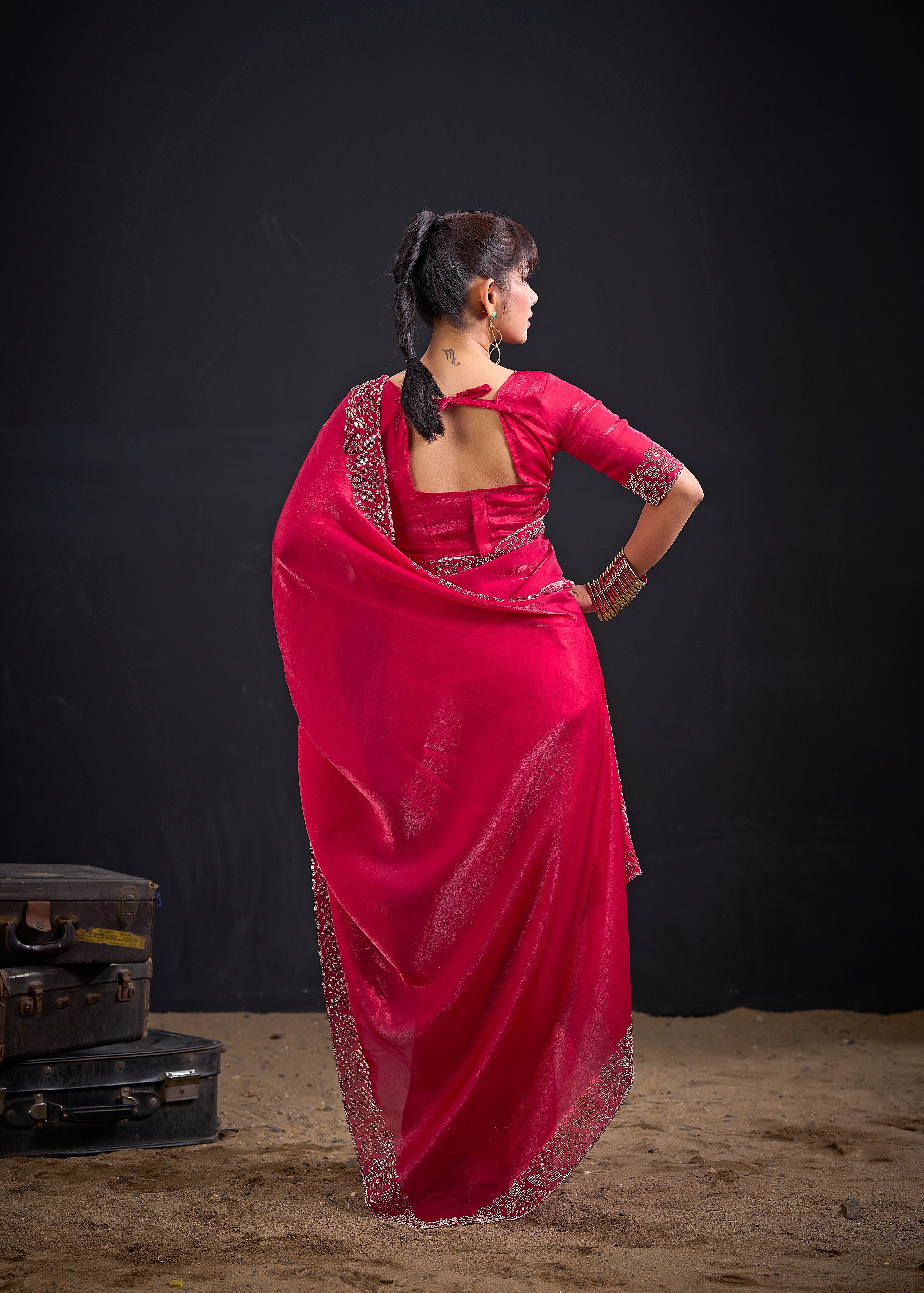 Bloom Pink Embellished Satin Silk Saree