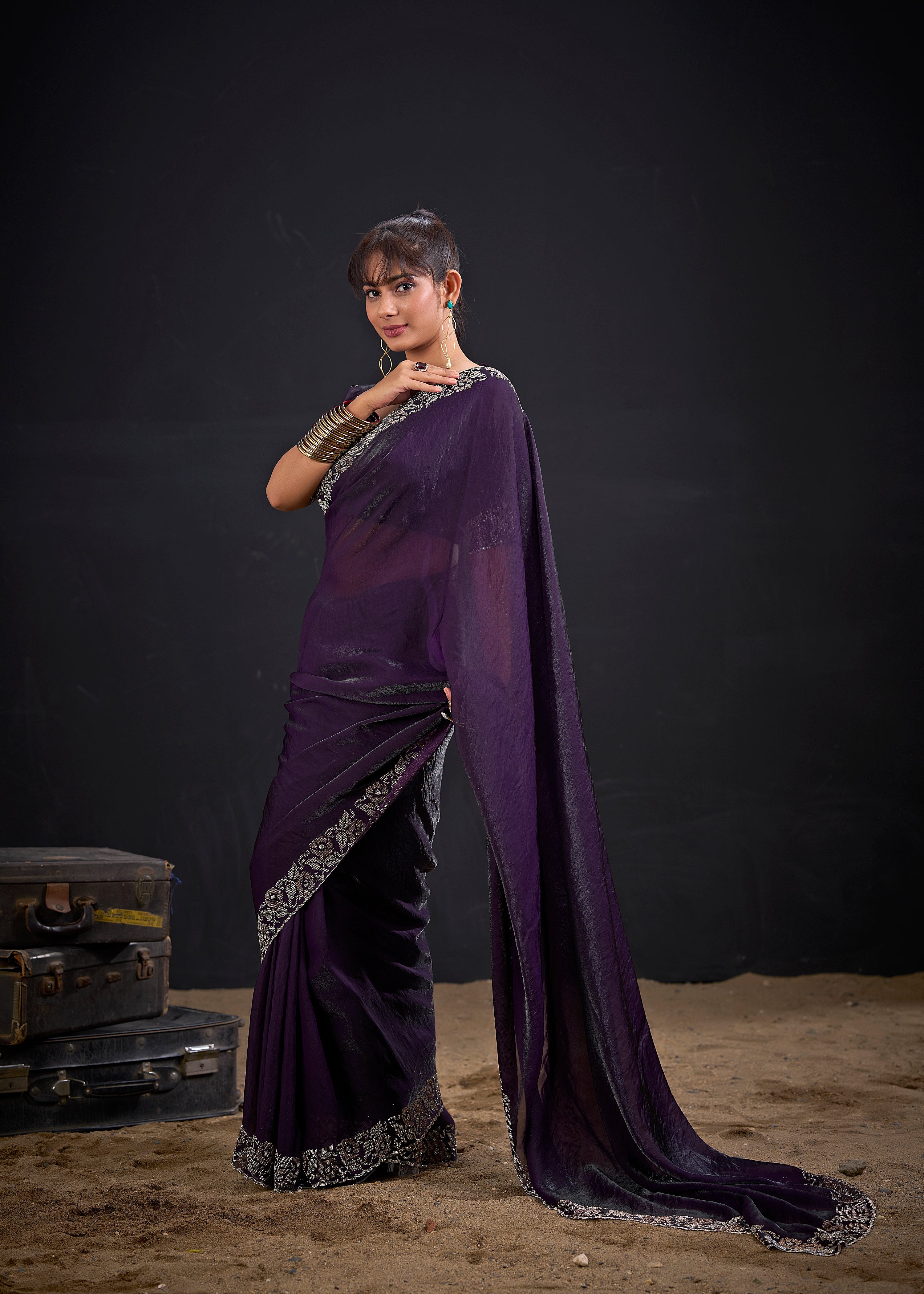 Purple Royale Embellished Satin Silk Saree