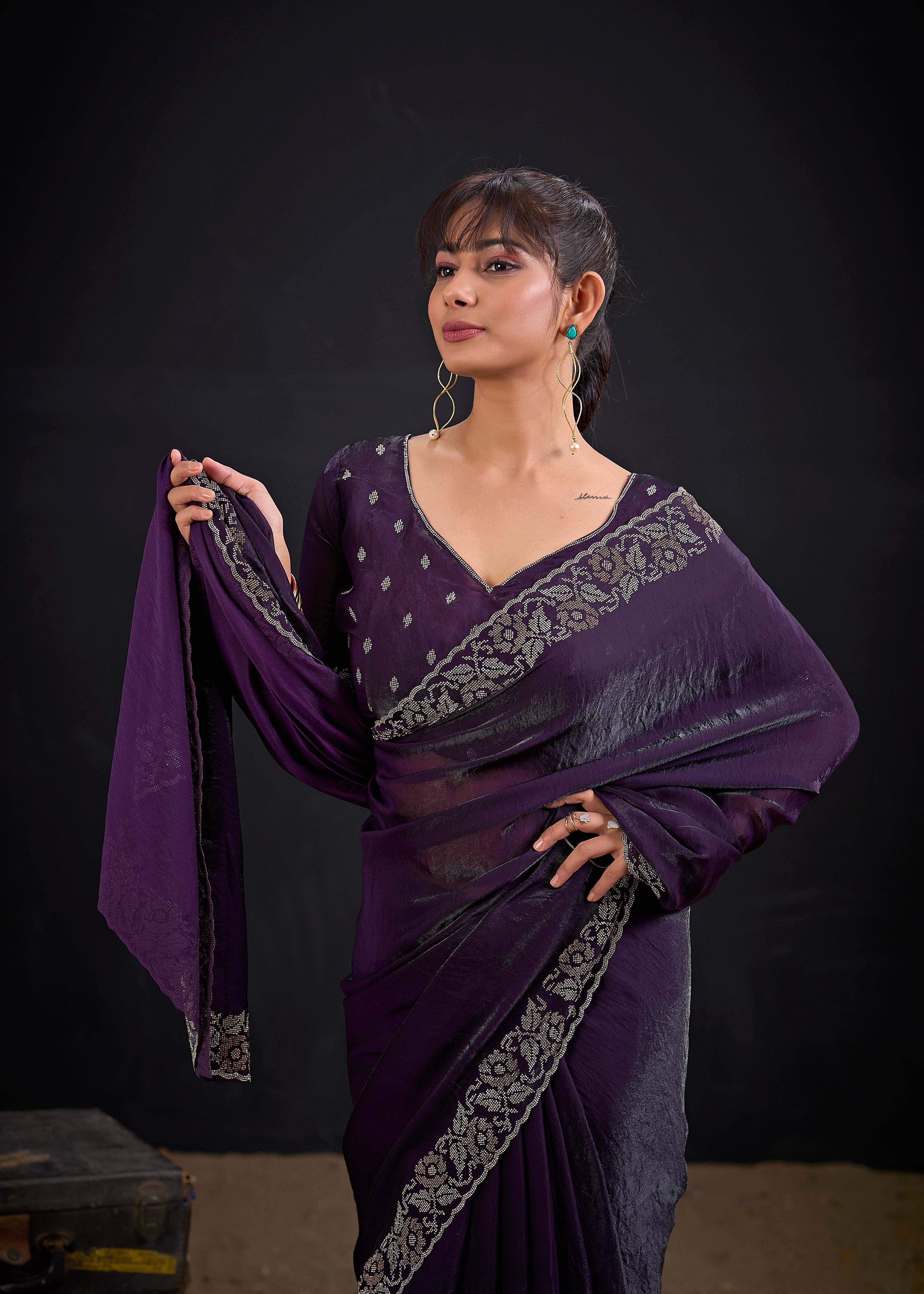 Purple Royale Embellished Satin Silk Saree