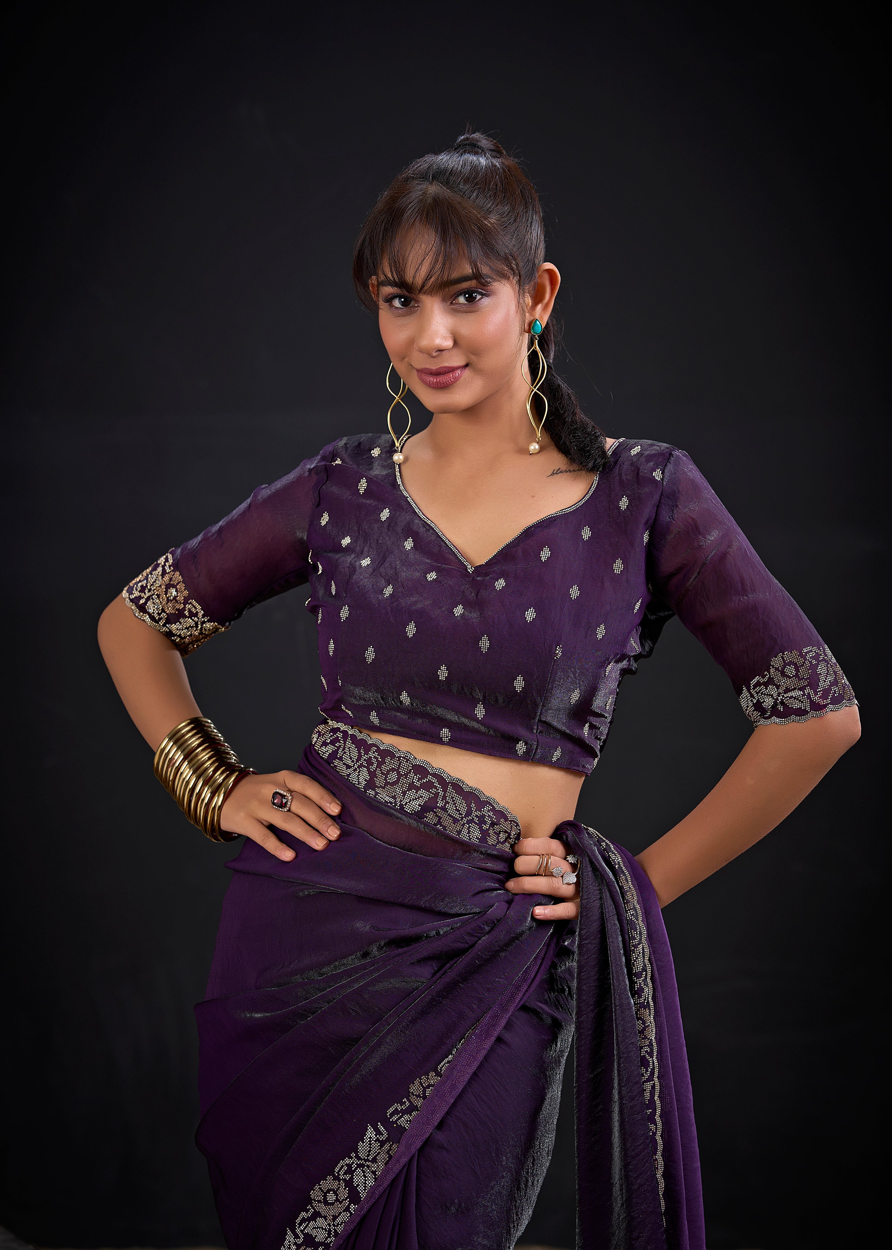 Purple Royale Embellished Satin Silk Saree