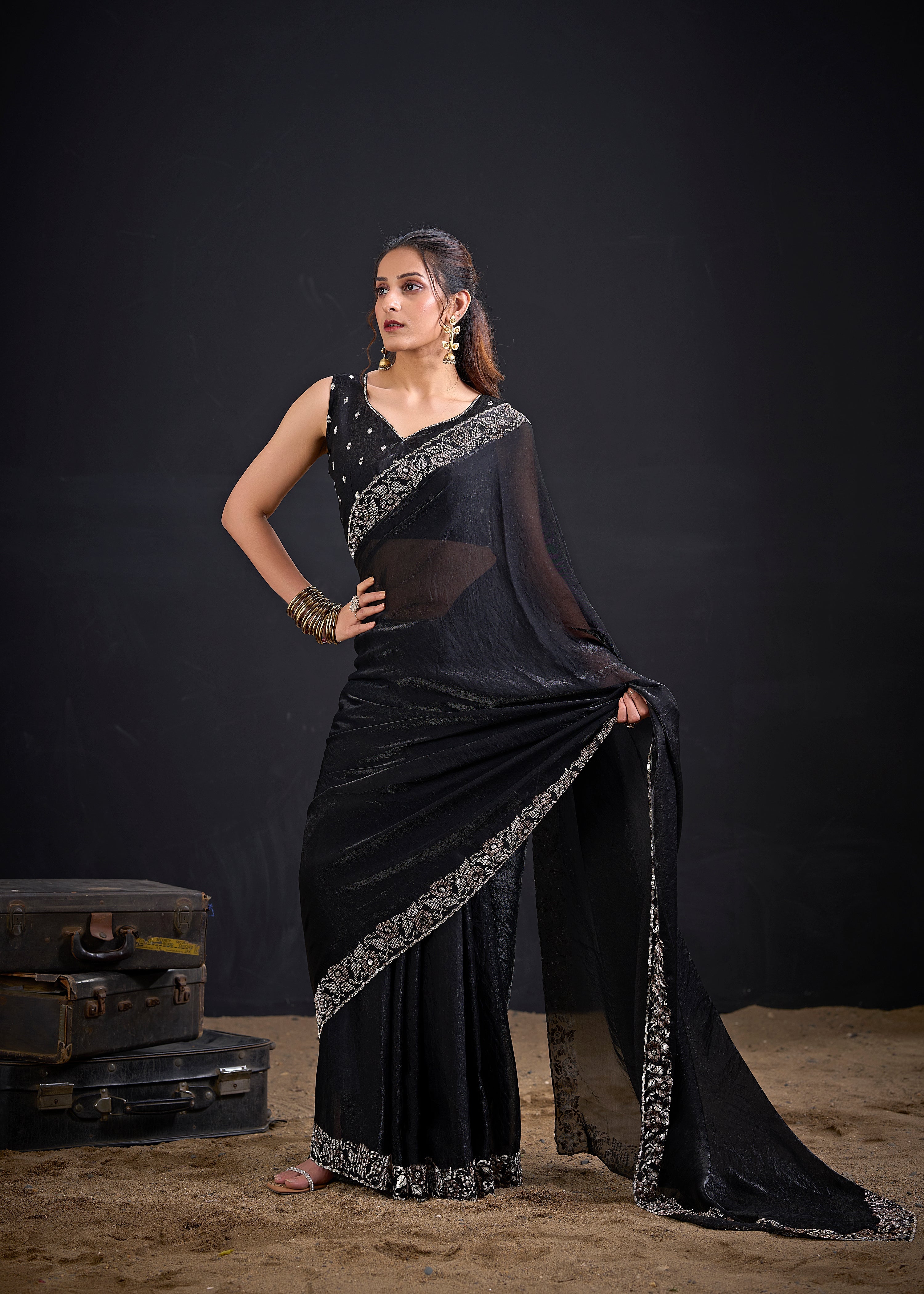 Phantom Black Embellished Satin Silk Saree