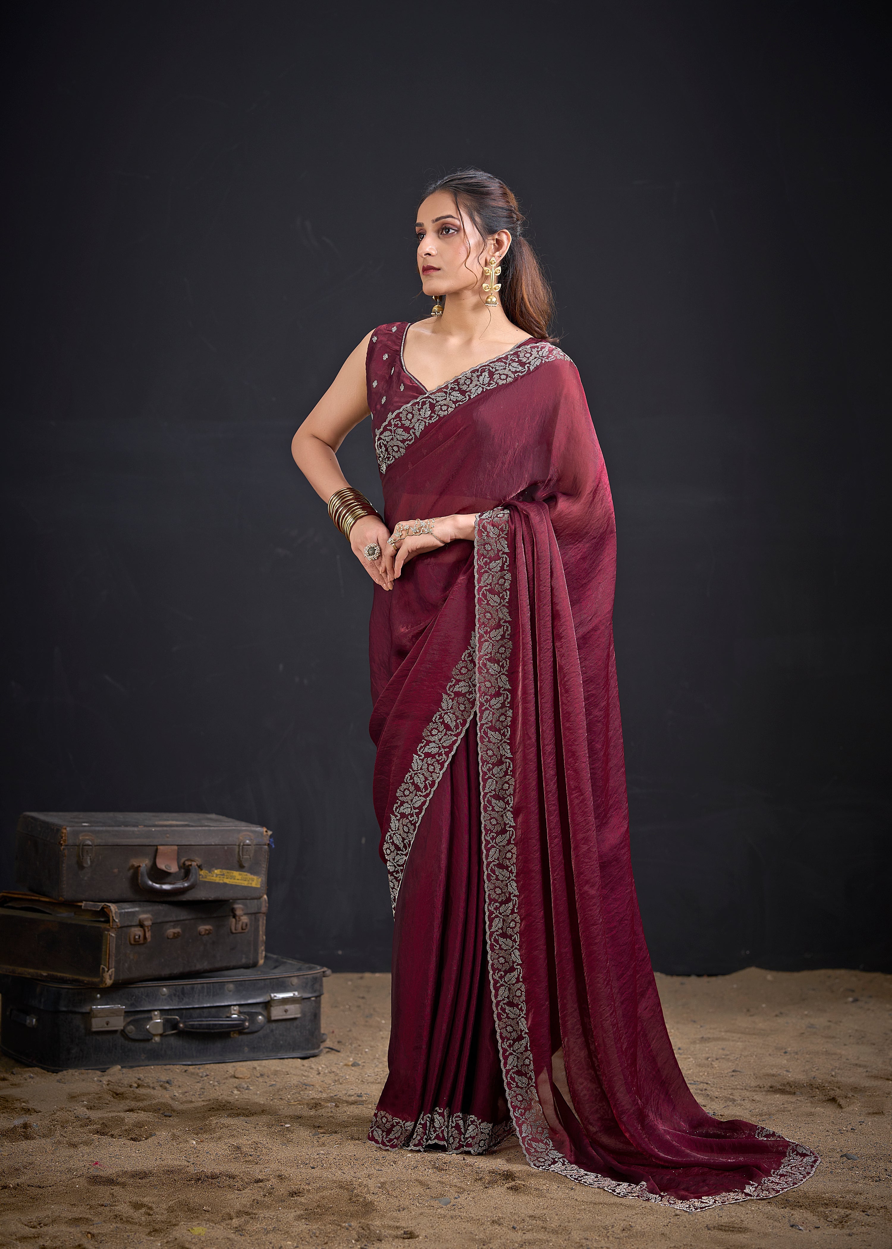 Burgundy Embellished Satin Silk Saree