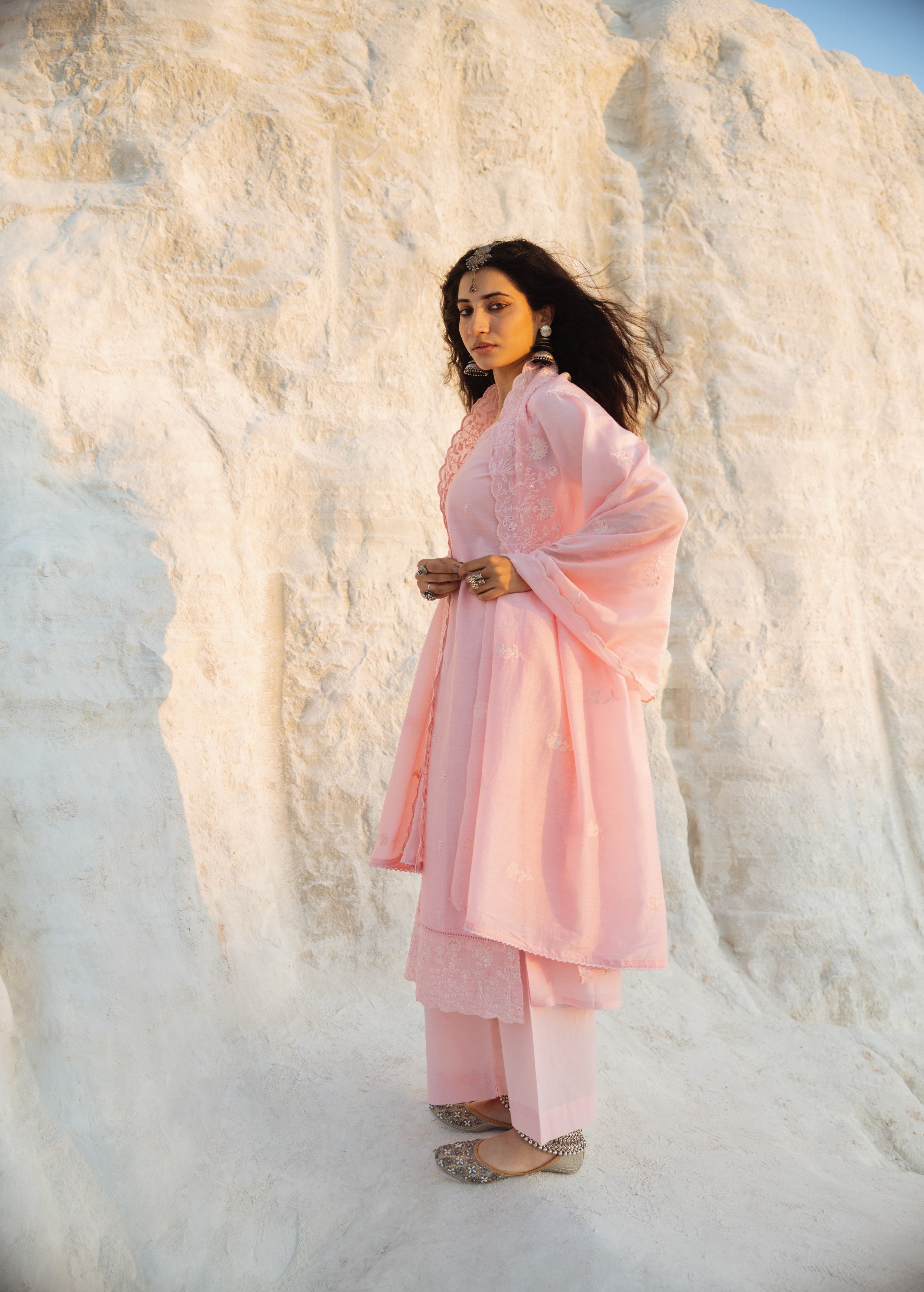 Petal Pink Embroidered Mul-Chanderi Silk Pant Set