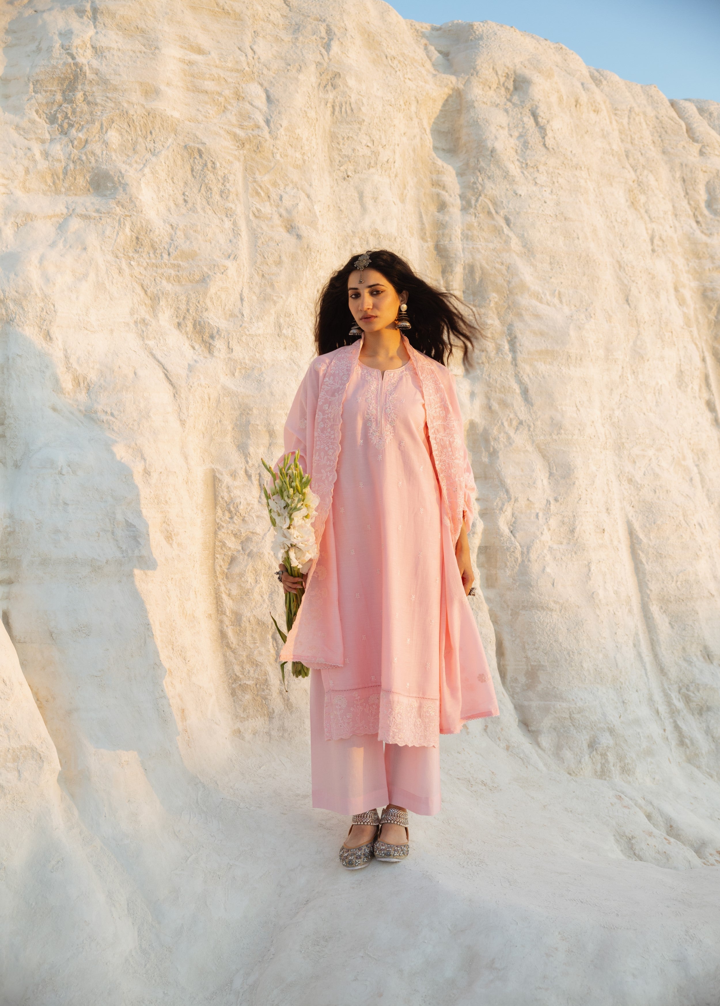 Petal Pink Embroidered Mul-Chanderi Silk Pant Set