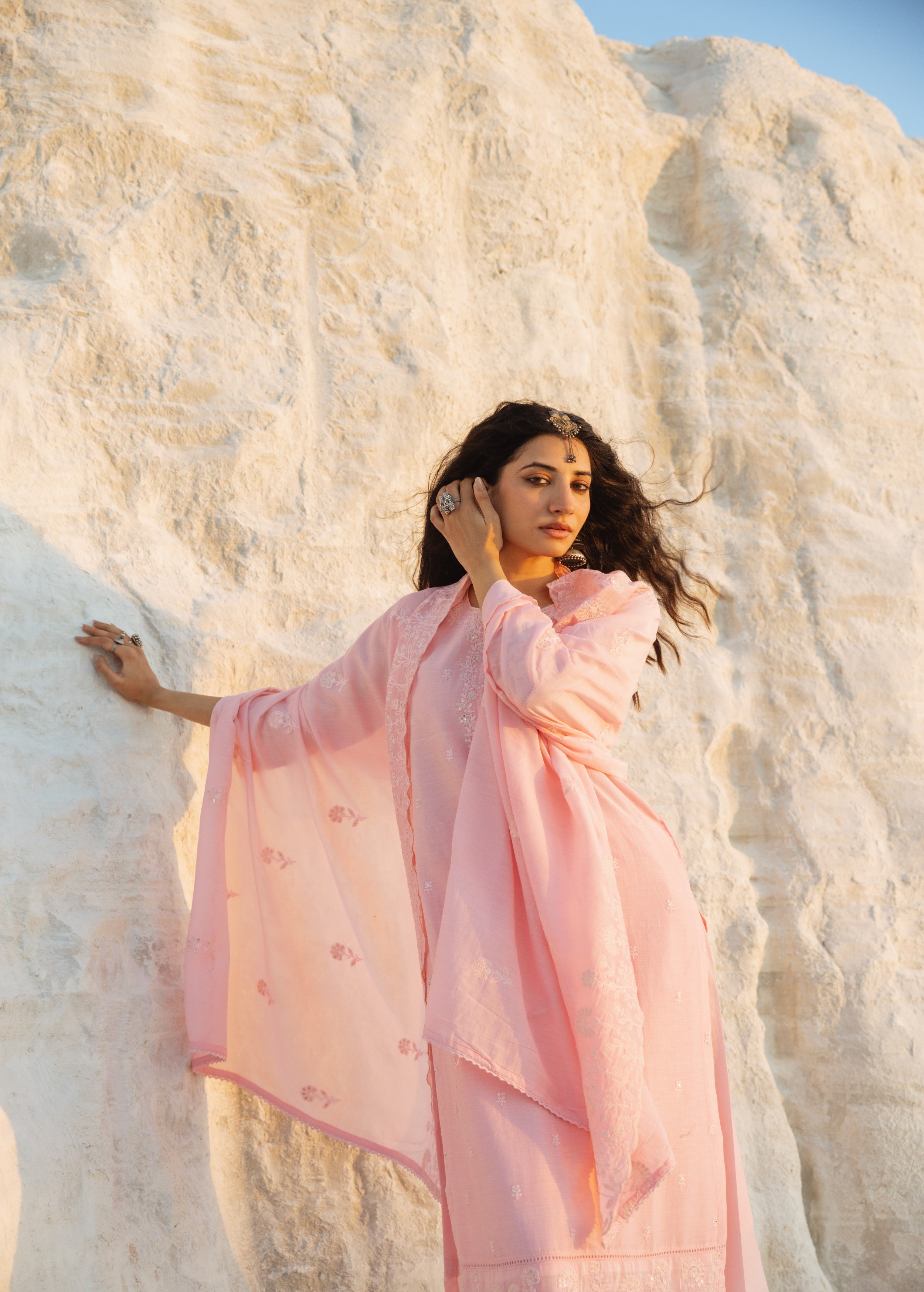 Petal Pink Embroidered Mul-Chanderi Silk Pant Set