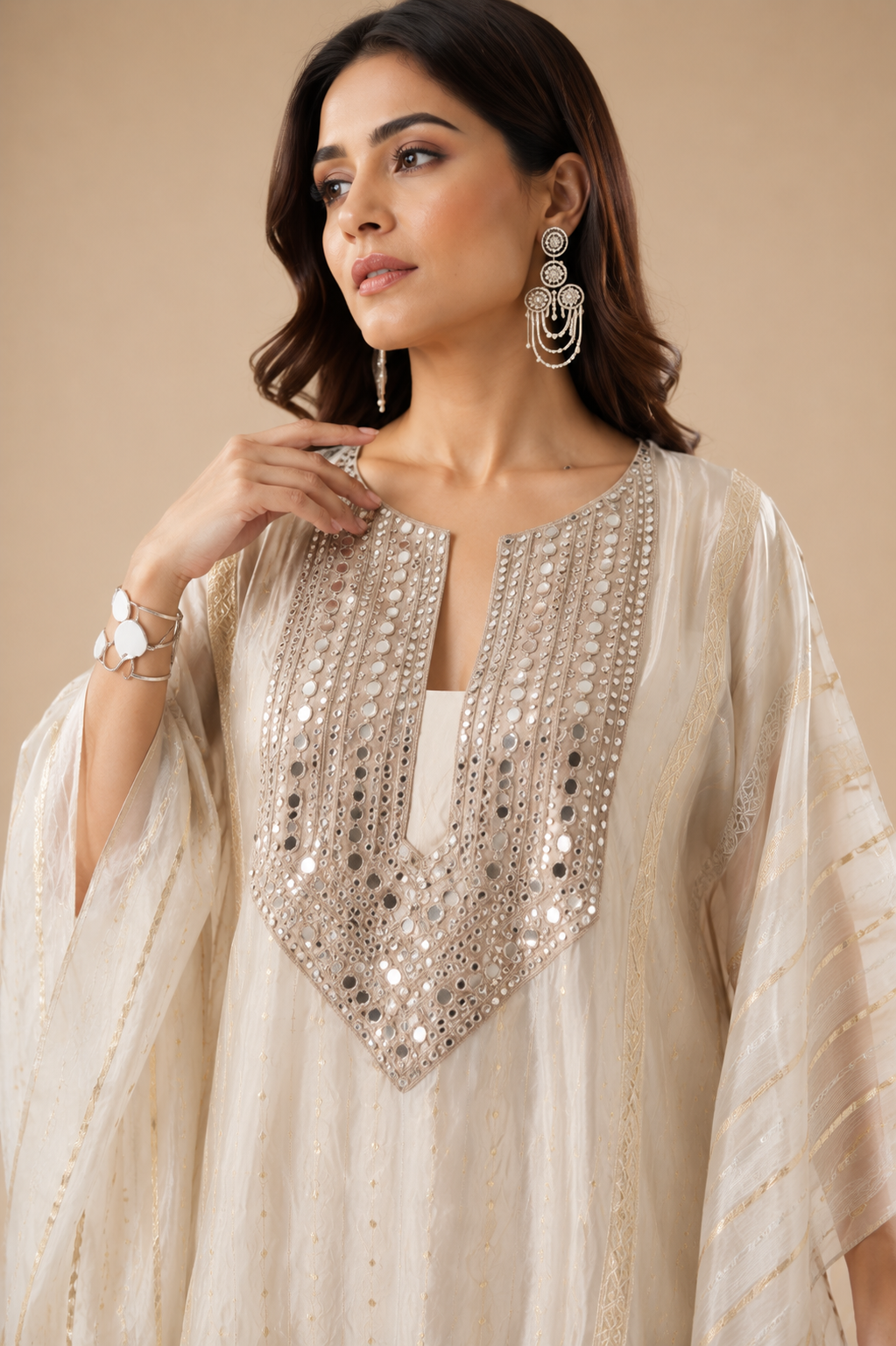 Pearl Ivory Embellished Tissue Silk Kaftan Set