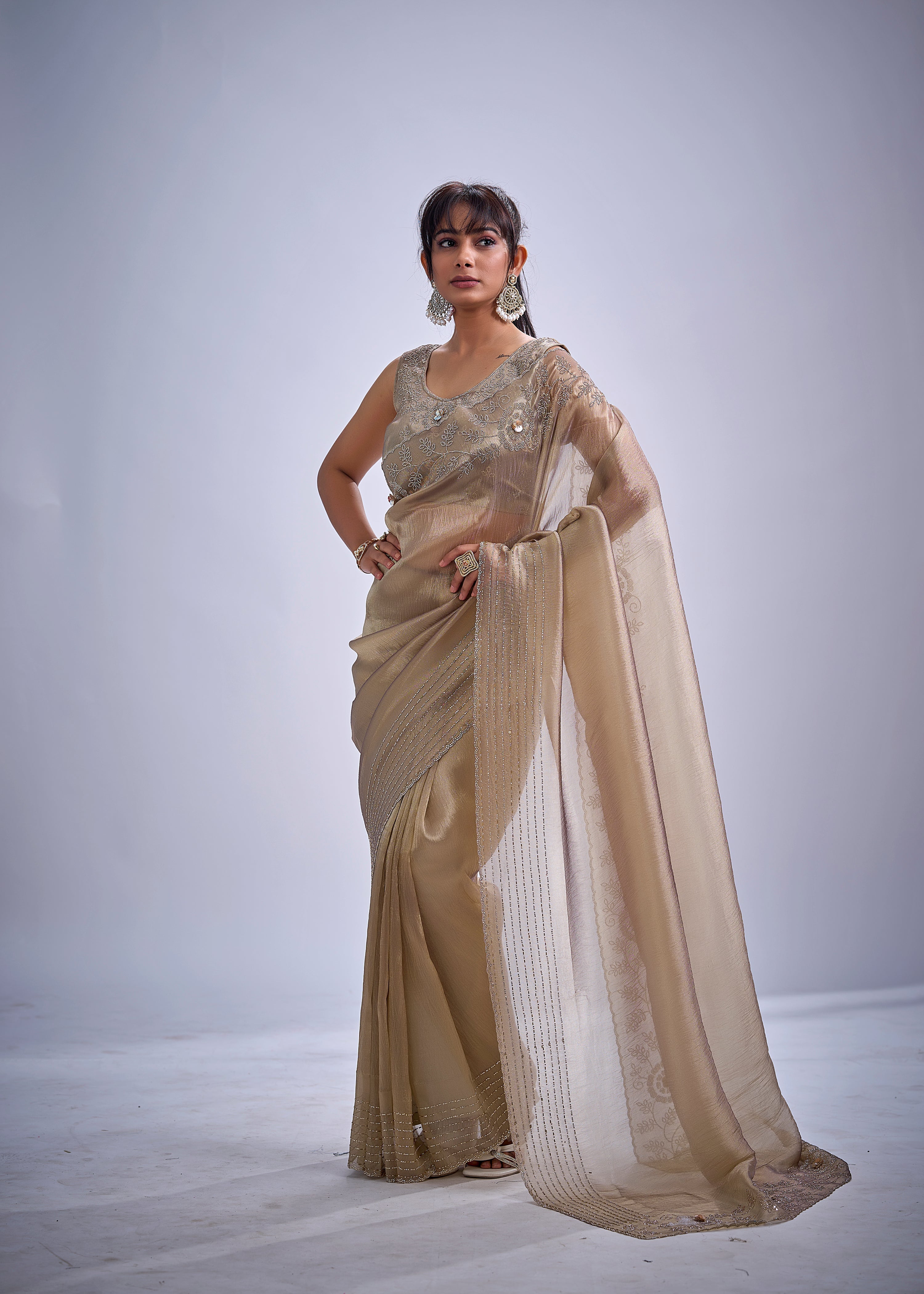 Metallic Gold Embellished Tissue Silk Saree