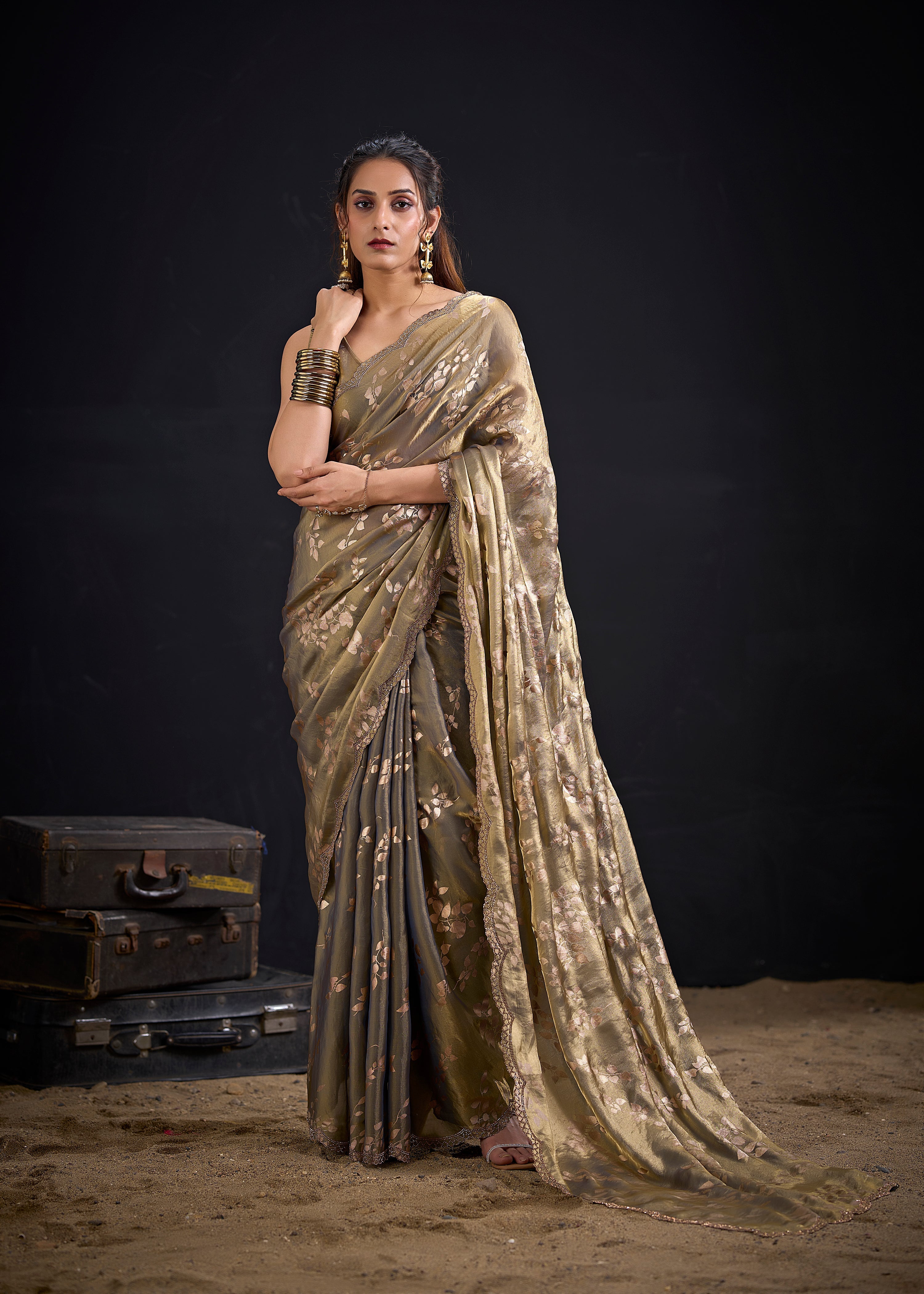 Olive Grey Embellished Satin Silk Saree