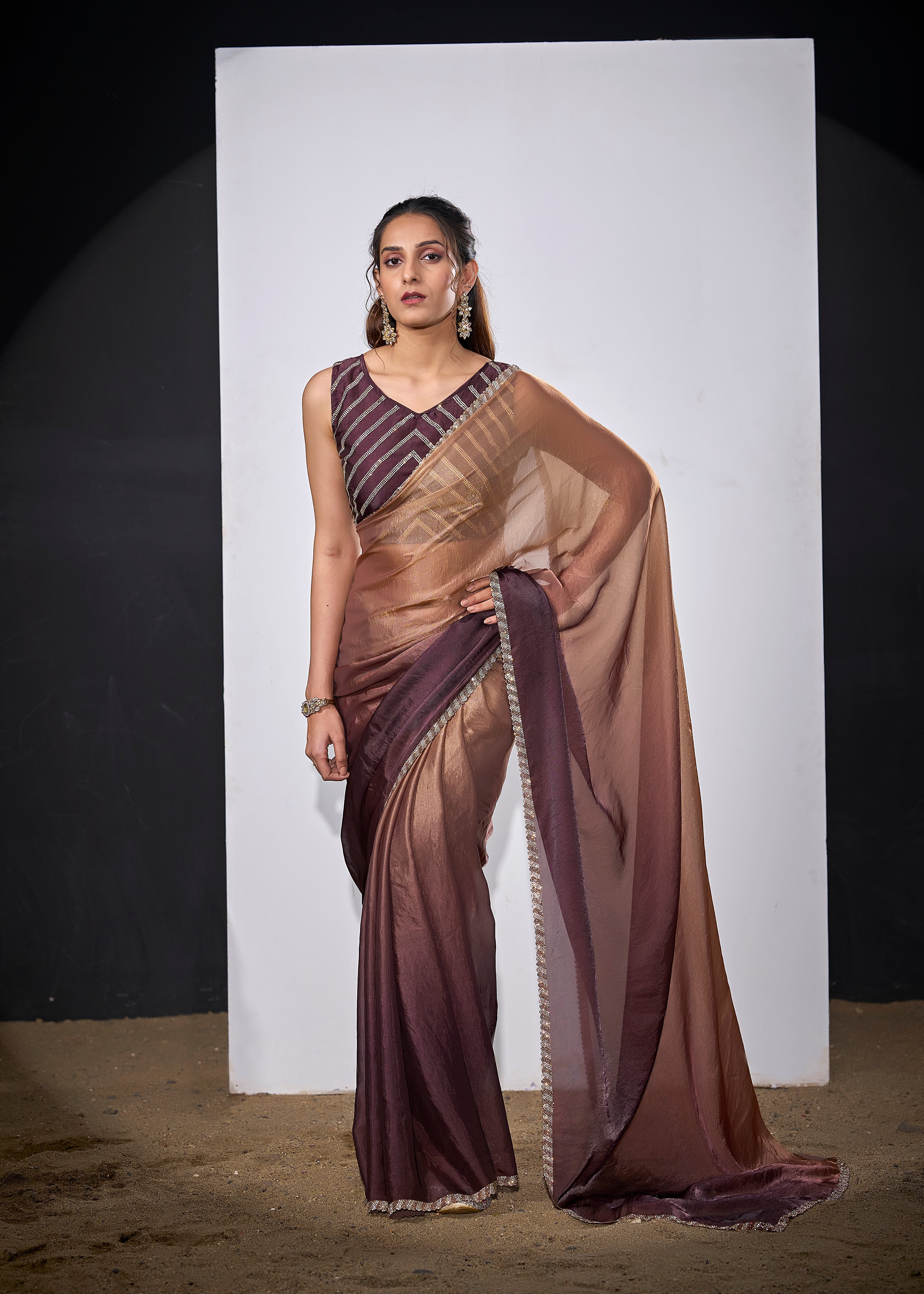 Mocha Mauve Embellished Satin Silk Saree